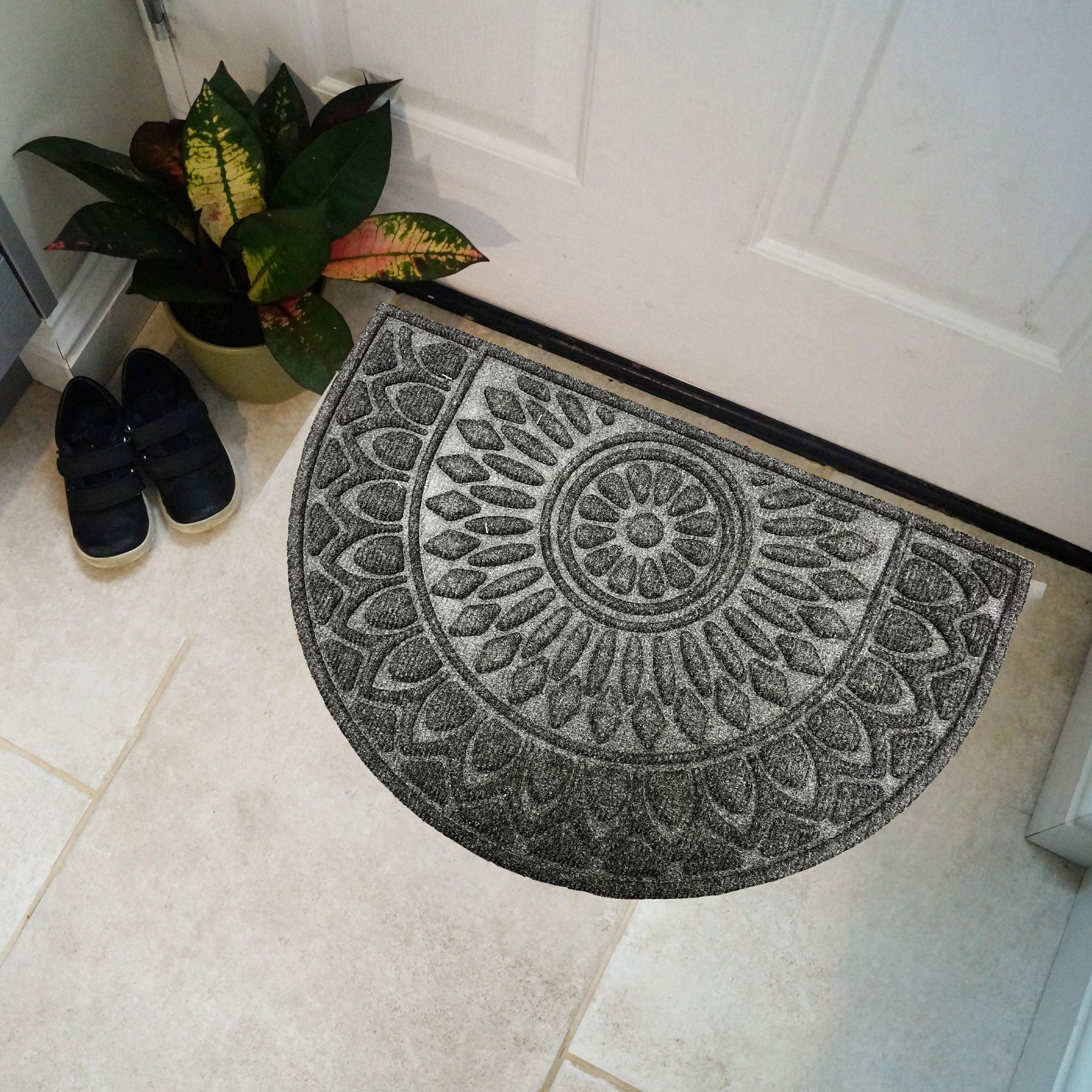 Grey Mandala Half moon Door mat, 40cm x 60cm