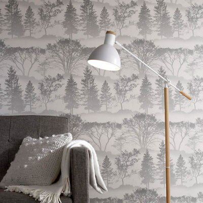 Grey Mica effect Foliage mirage Smooth Wallpaper