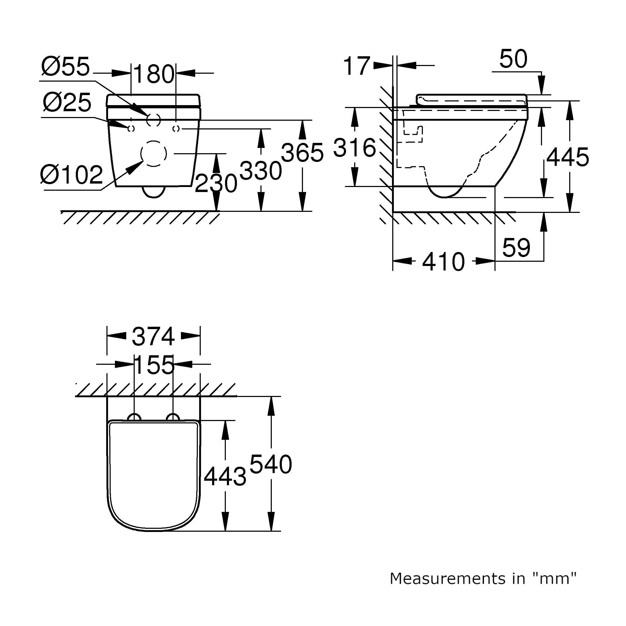 Grohe Euro Alpine White Rimless Comfort height Wall hung Toilet with Soft close seat & Low level cistern