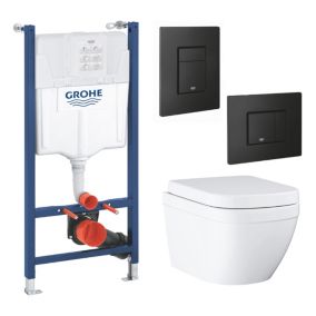 Grohe Euro Alpine White Standard Wall hung Oval Toilet with Soft close seat & Concealed cistern & matt black plate