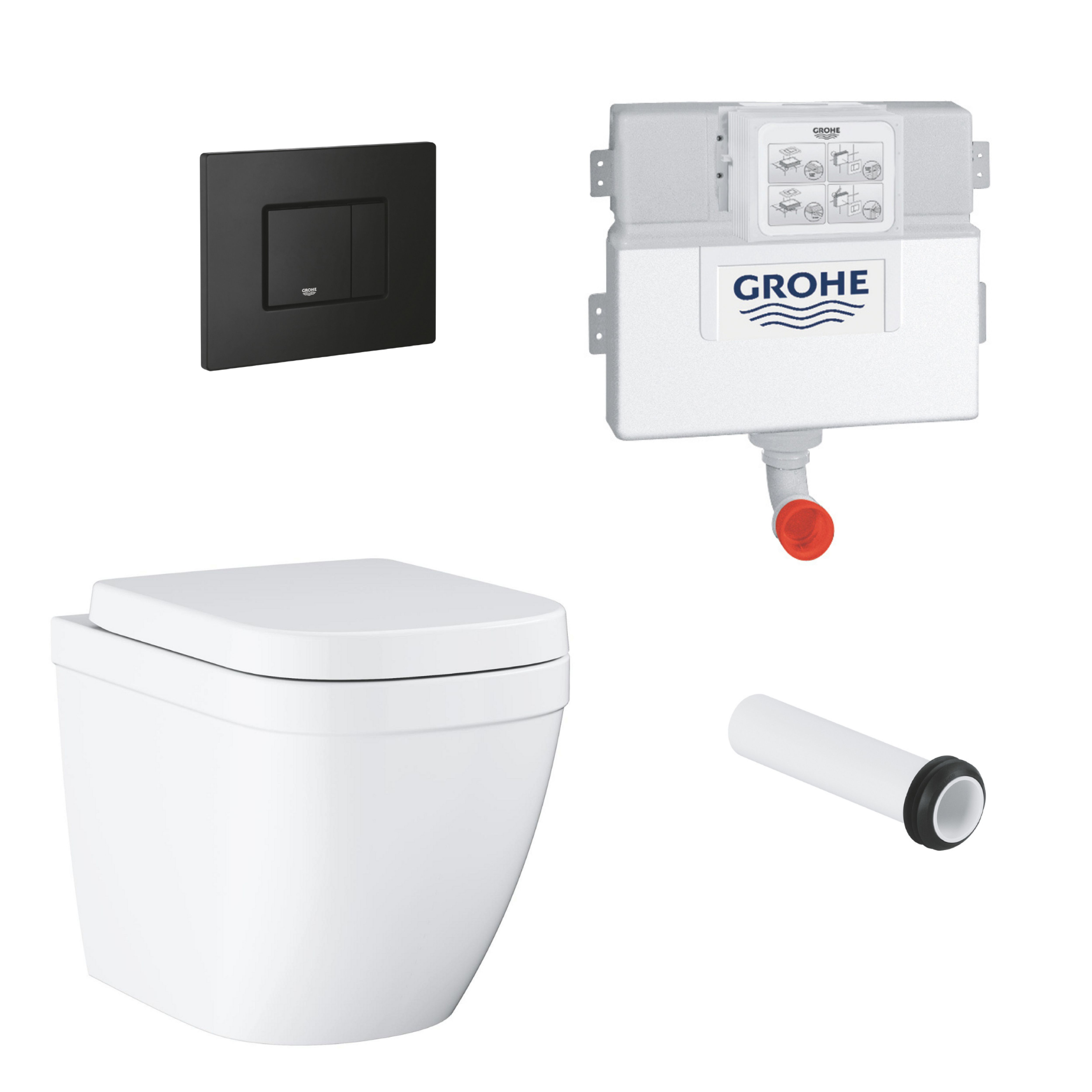 Grohe Euro Even Alpine White Back to wall close-coupled Oval Toilet with Soft close seat & Concealed cistern & matt black plate