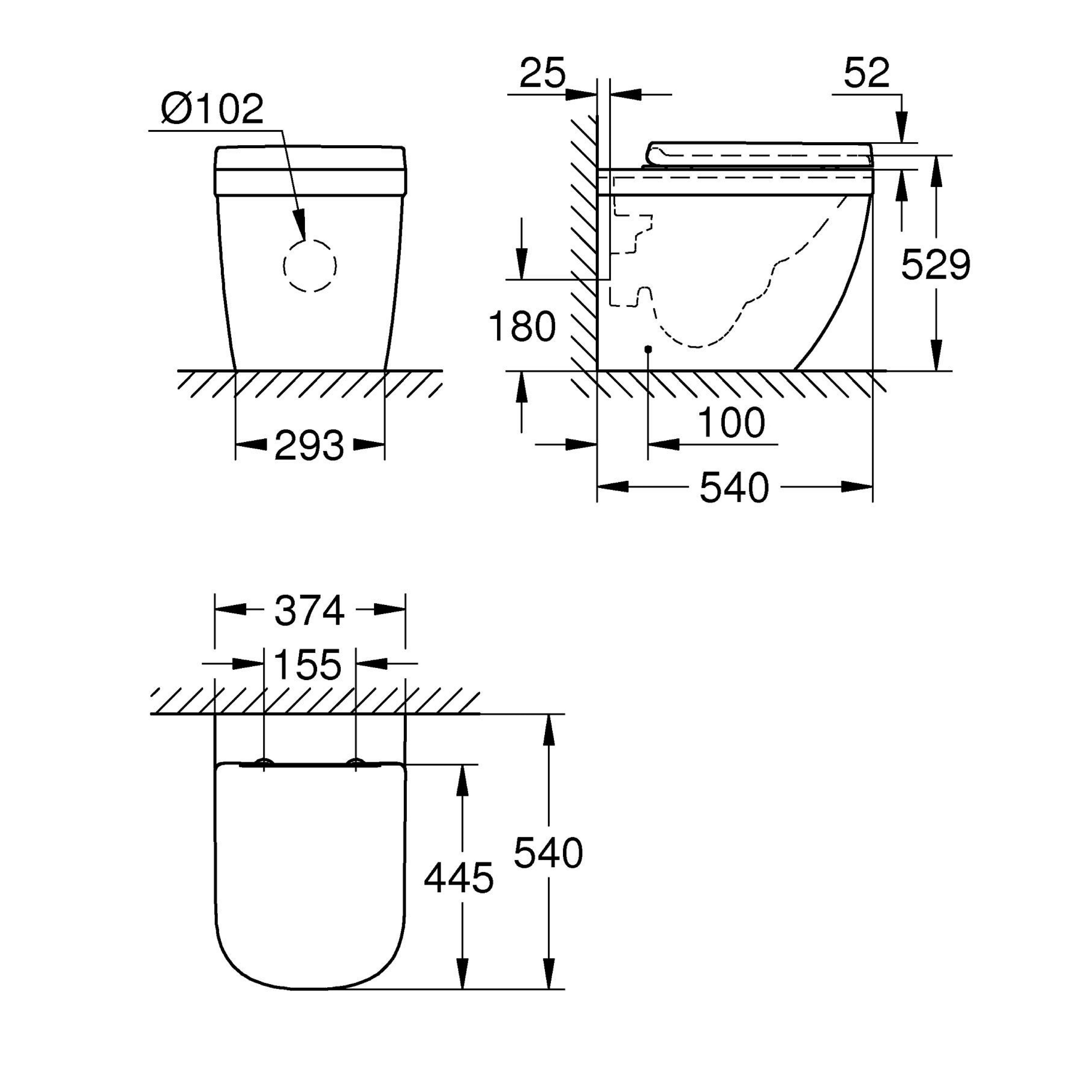 Grohe Euro Even Alpine White Back to wall close-coupled Oval Toilet with Soft close seat & Concealed cistern & matt black plate