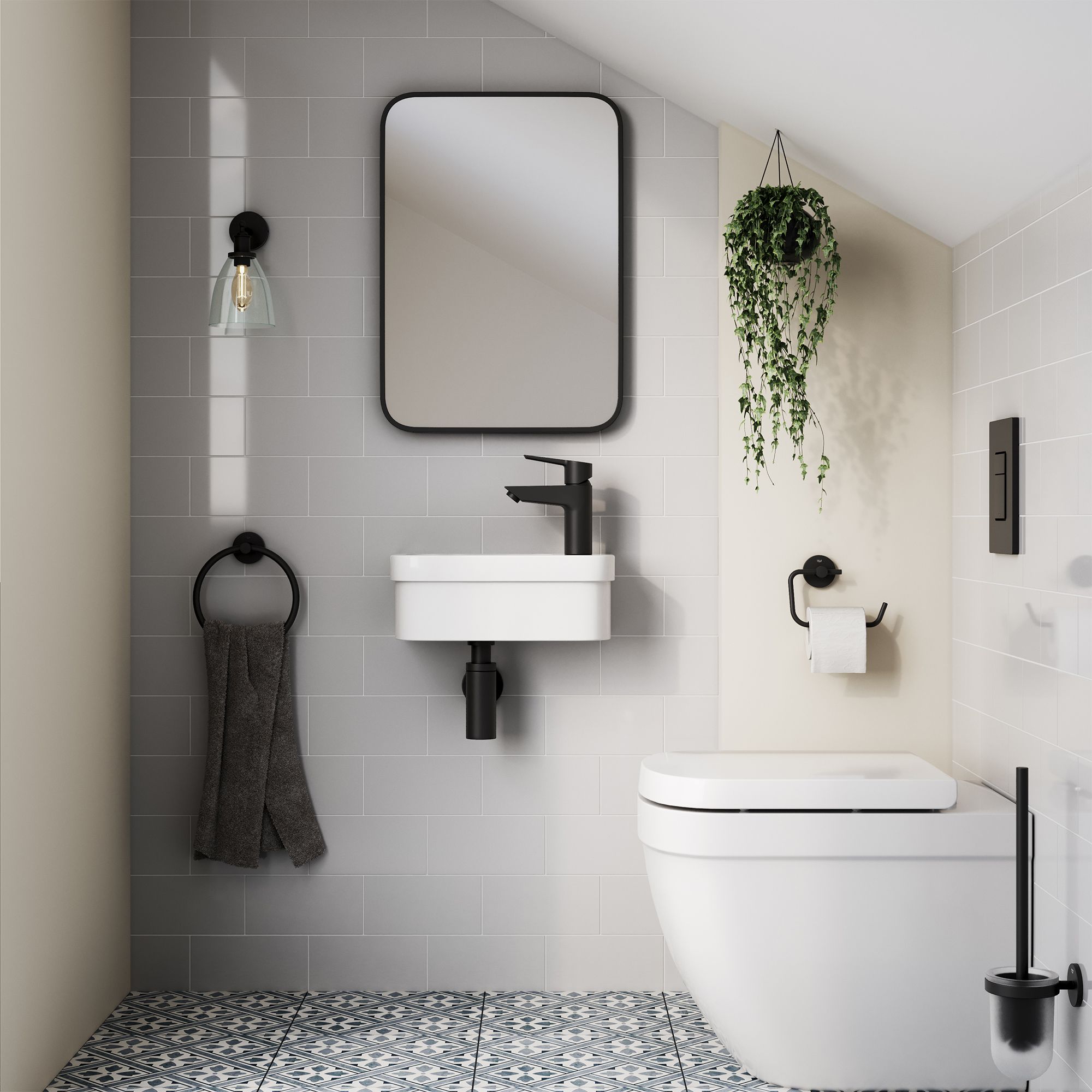 Grohe Euro Even Alpine White Standard Back to wall close-coupled Oval Toilet with Soft close seat & Concealed cistern & matt black plate - 5