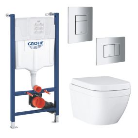 Grohe Euro Even Alpine White Standard Wall hung Oval Toilet with Soft close seat & Concealed cistern & plate kit