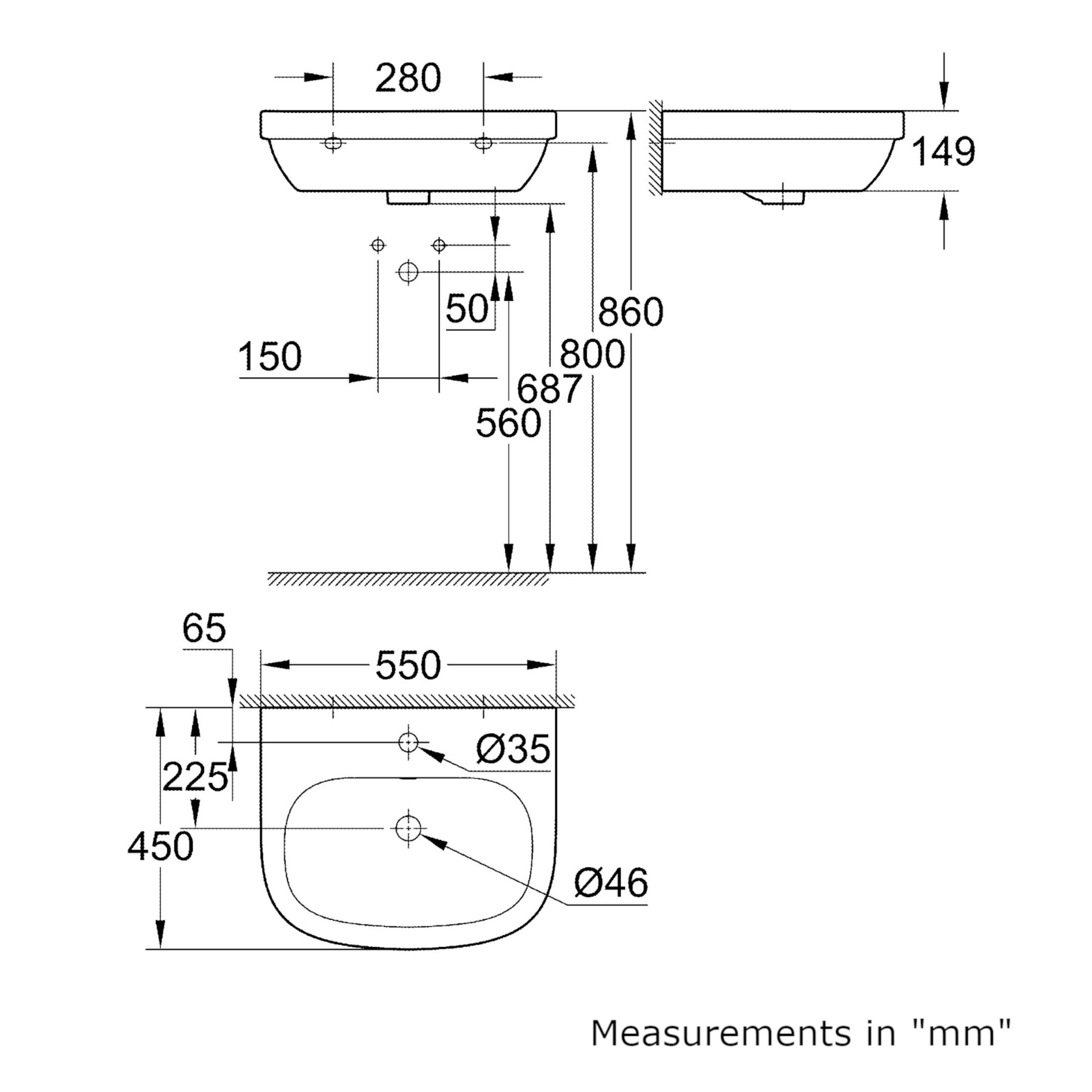 Grohe Euro Gloss White Oval Wall-mounted Semi-pedestal 1 tap hole Basin