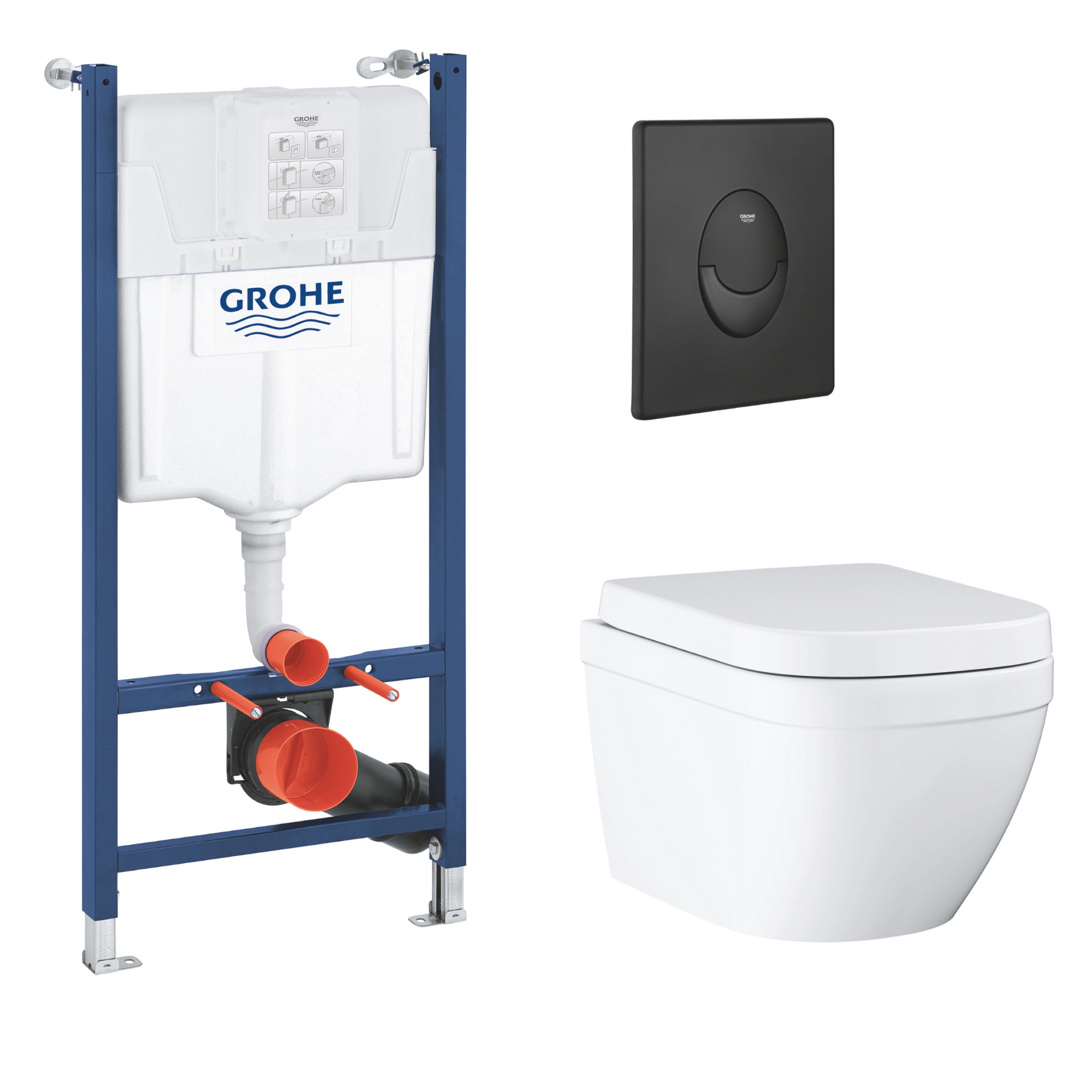 Grohe Euro Start Alpine White Standard Wall hung Oval Toilet with Soft close seat & Concealed cistern & matt black plate