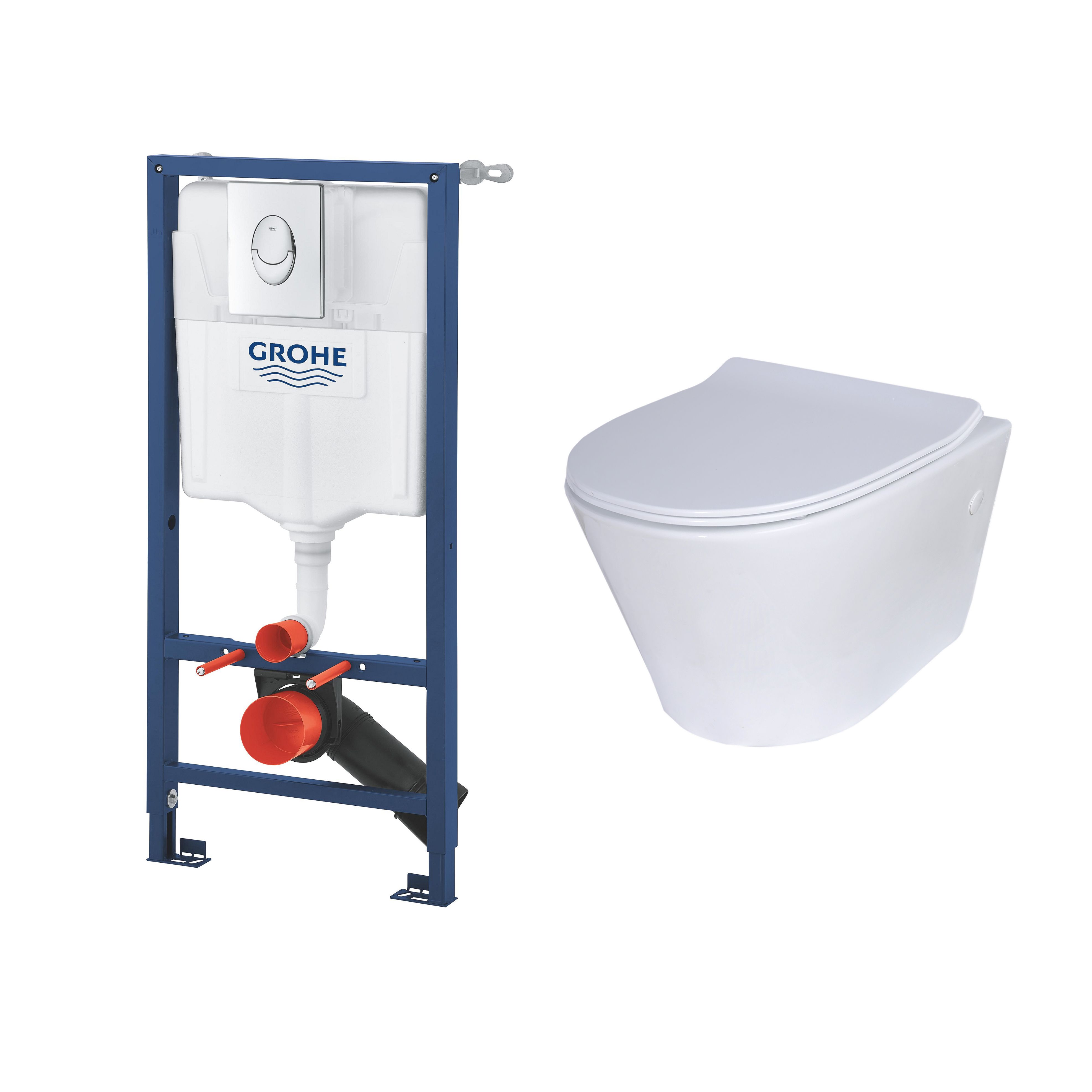 Grohe Fuertre White Wall hung Round Toilet Soft close seat & Concealed cistern