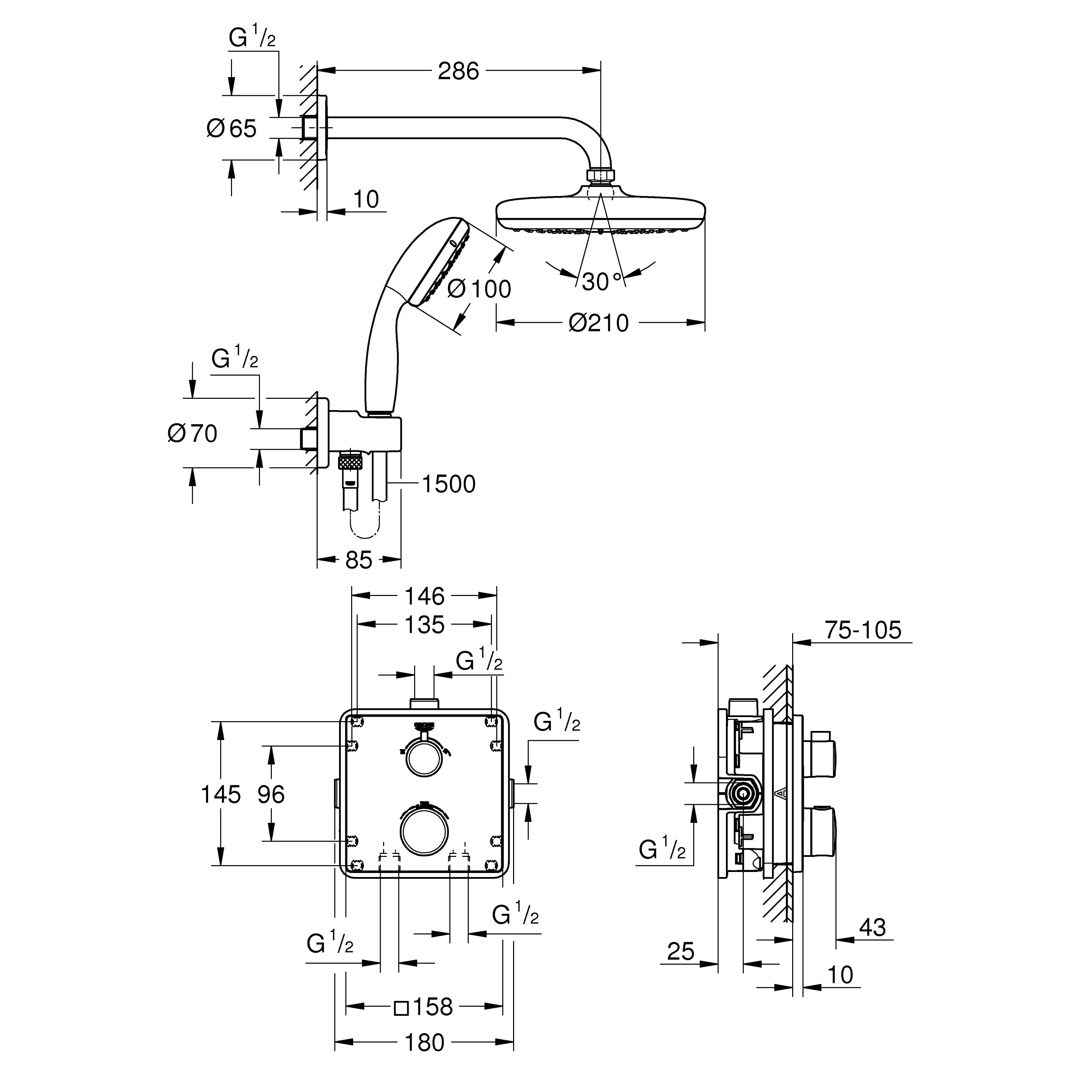 Grohe Grohtherm Concealed Chrome effect Thermostatic Mixer Multi head shower with 2 Shower heads