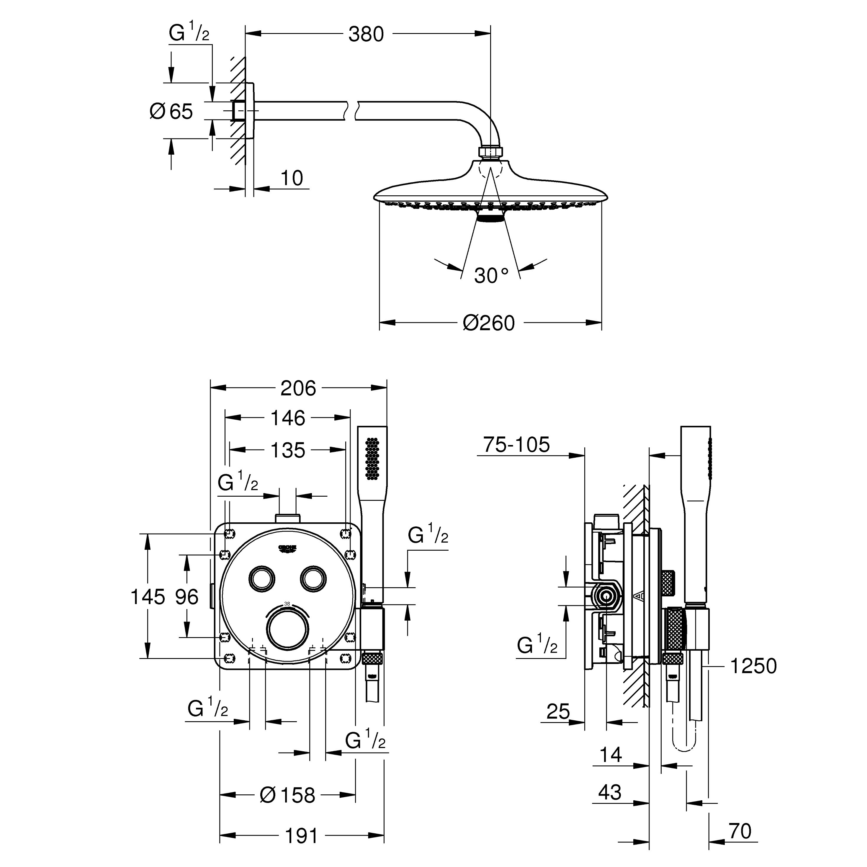Grohe Euphoria SmartControl 260 Mono  HP Rear-Fed Exposed Chrome Thermostatic Shower System - 4