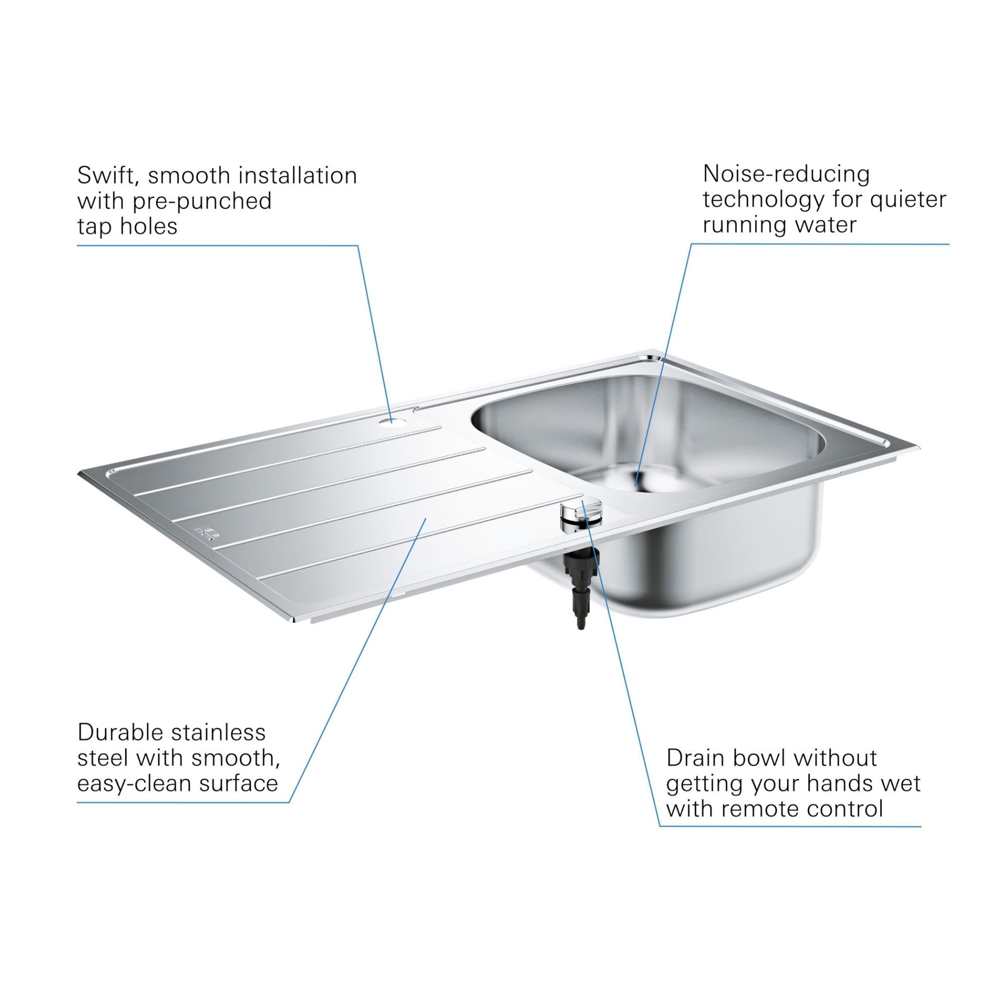 K400 Single built-in stainless steel sink with drainer By Grohe