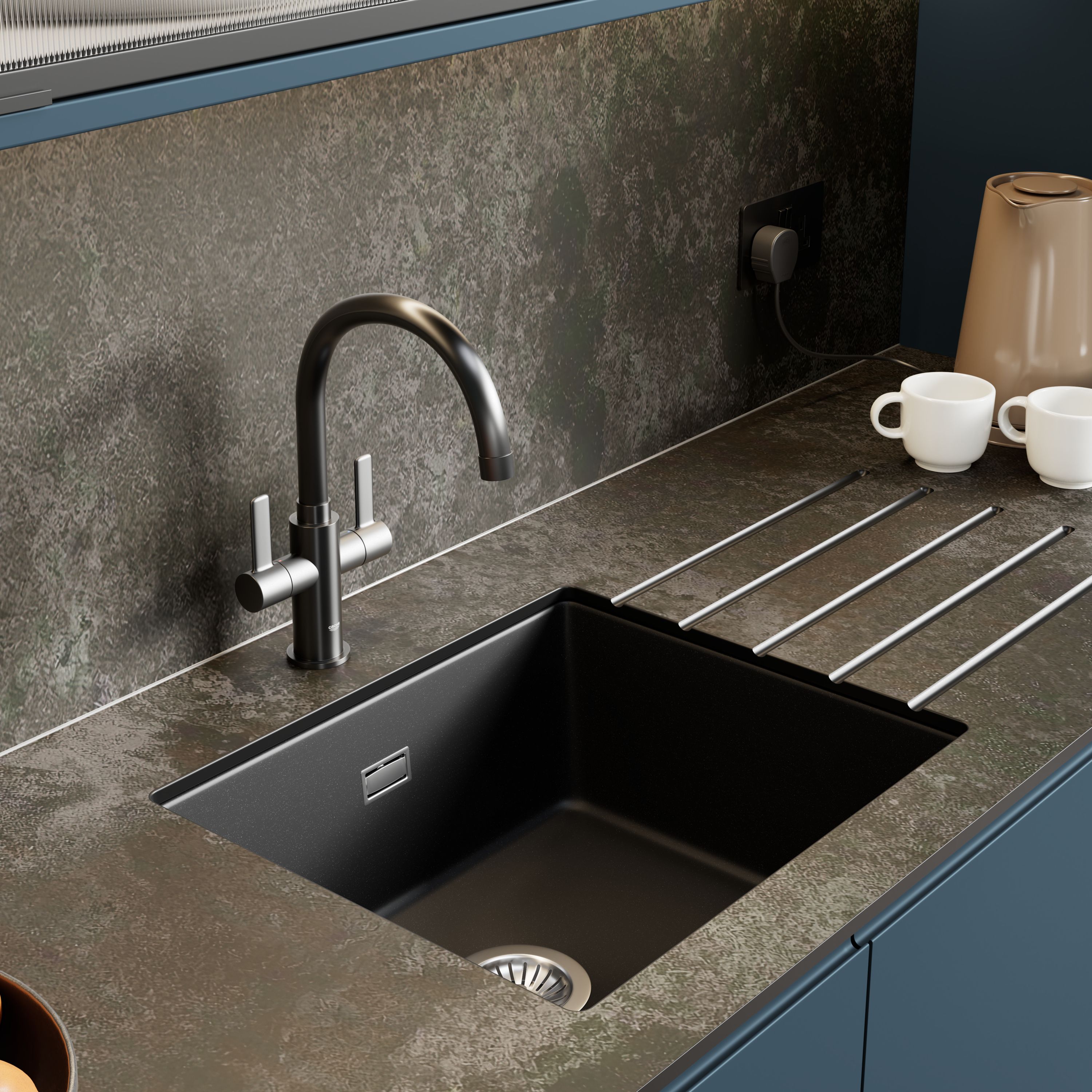 Grohe K700U Granite Black Anthracite effect Composite quartz 1 Bowl Kitchen sink 457mm x 533mm