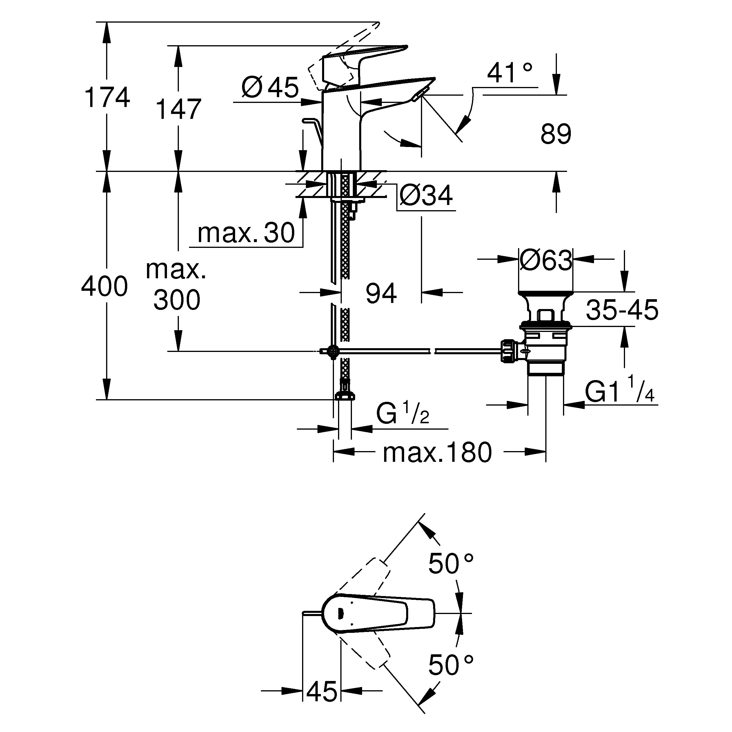 Grohe QuickFix Start Edge Chrome effect Deck-mounted Manual Basin Mono mixer Tap with Pop-up waste
