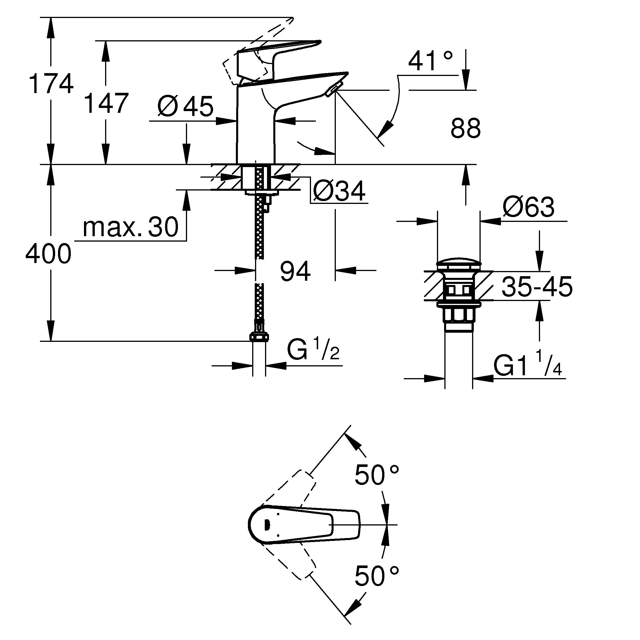 Grohe QuickFix Start Edge Chrome effect Manual Basin Mono mixer Tap