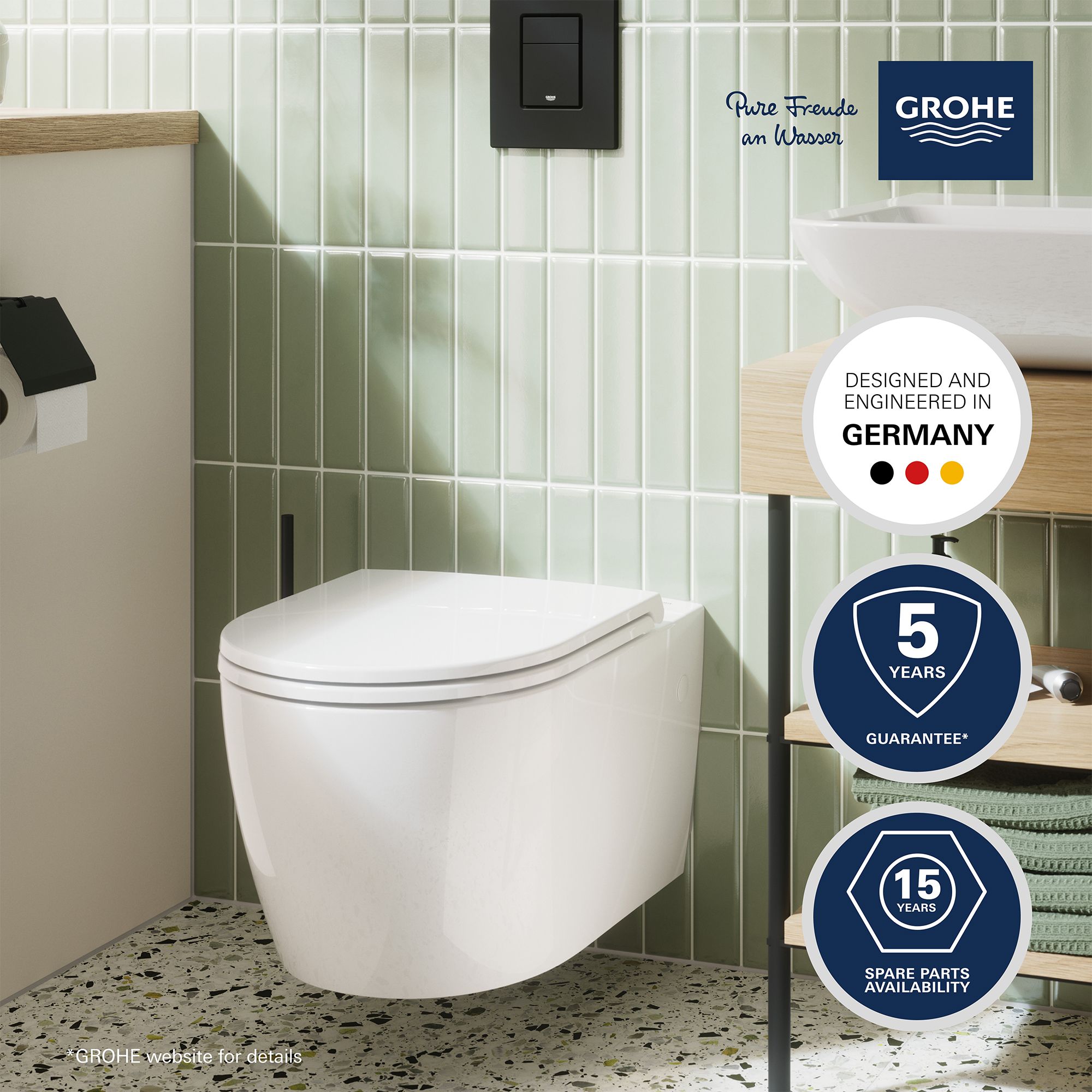 Grohe Start White Rimless Wall hung Round Toilet pan with Soft close seat