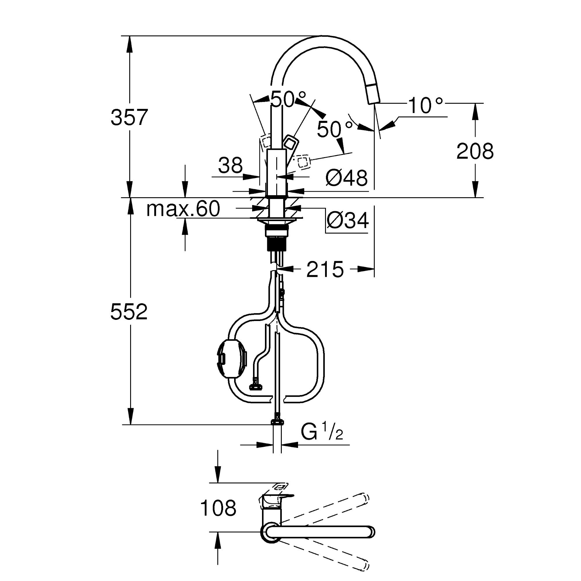 Grohe StartCumbria Gloss Chrome-plated Kitchen Side lever Tap