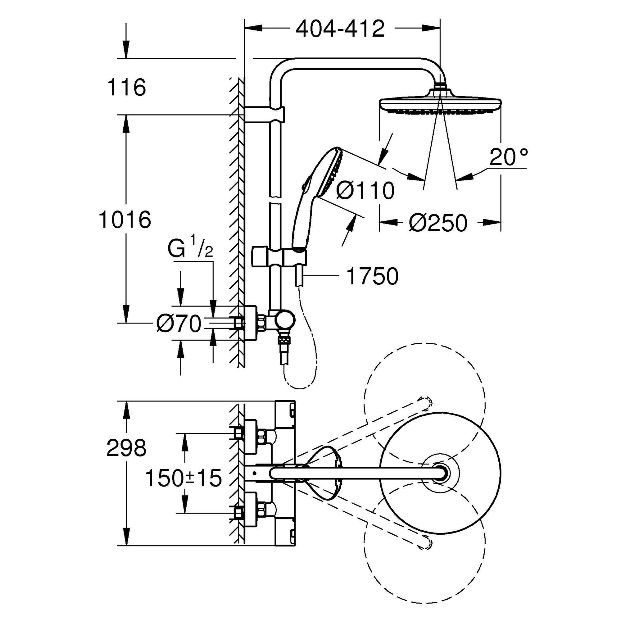 Grohe Vitalio Start 250 Chrome effect Wall-mounted Thermostatic Shower ...