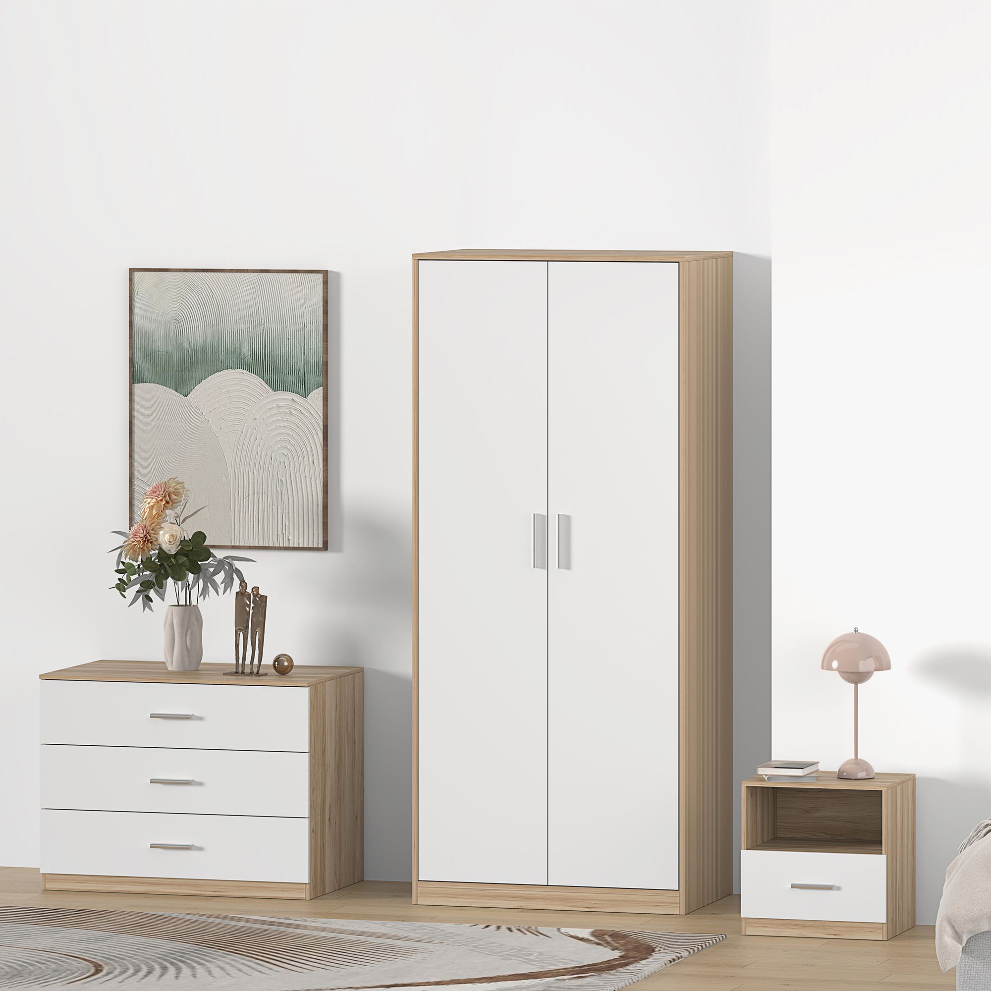 Hadwell Matt white & natural oak effect 2 Drawer Bedside table (H)415mm (W)400mm (D)403mm
