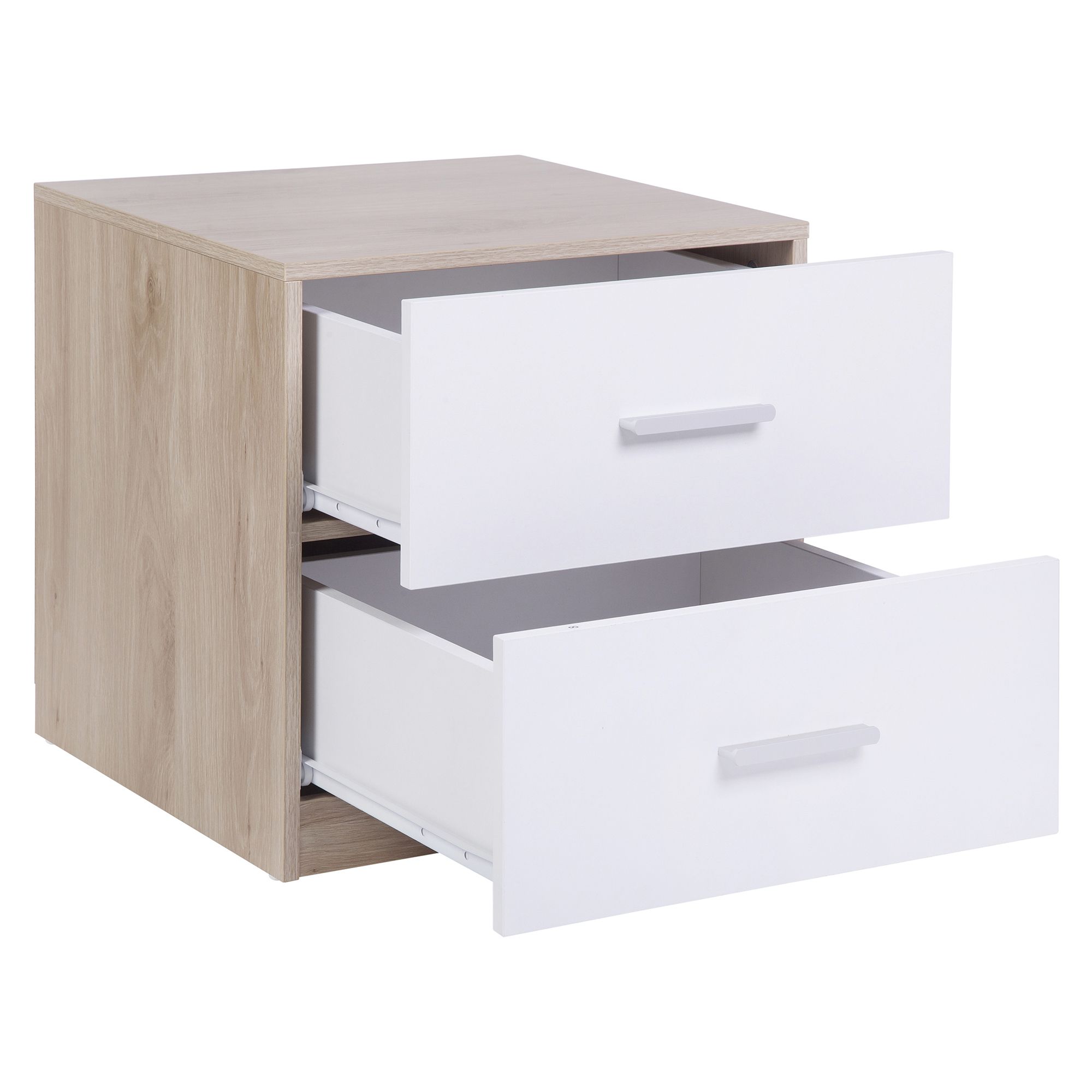 Hadwell Matt white & natural oak effect 2 Drawer Bedside table (H)415mm (W)400mm (D)403mm