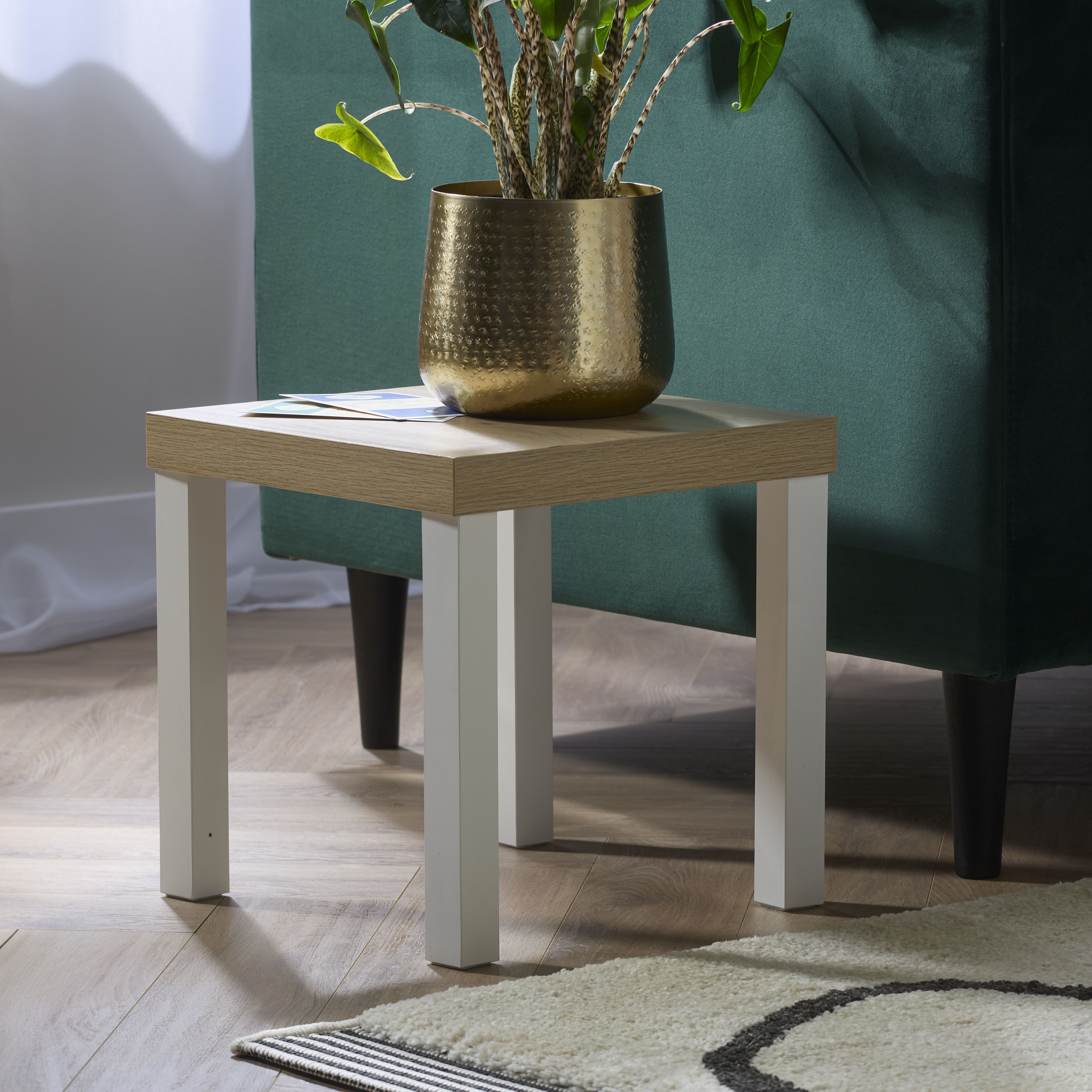 Hadwell Matt white & natural oak effect Side table (H)35cm (W)35cm