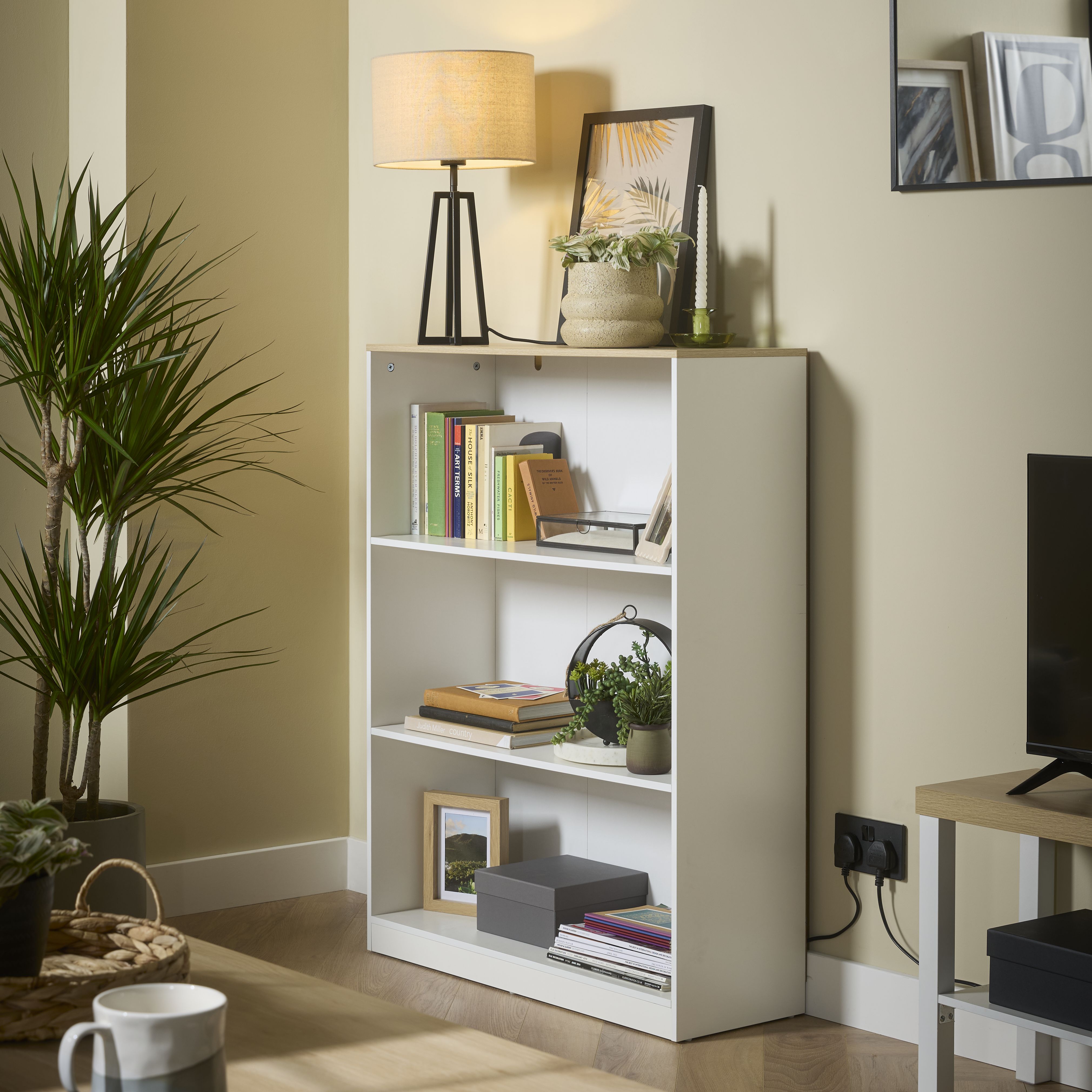 Hadwell Matt white oak effect 3 shelf Rectangular Bookcase, (H)1065mm (W)800mm