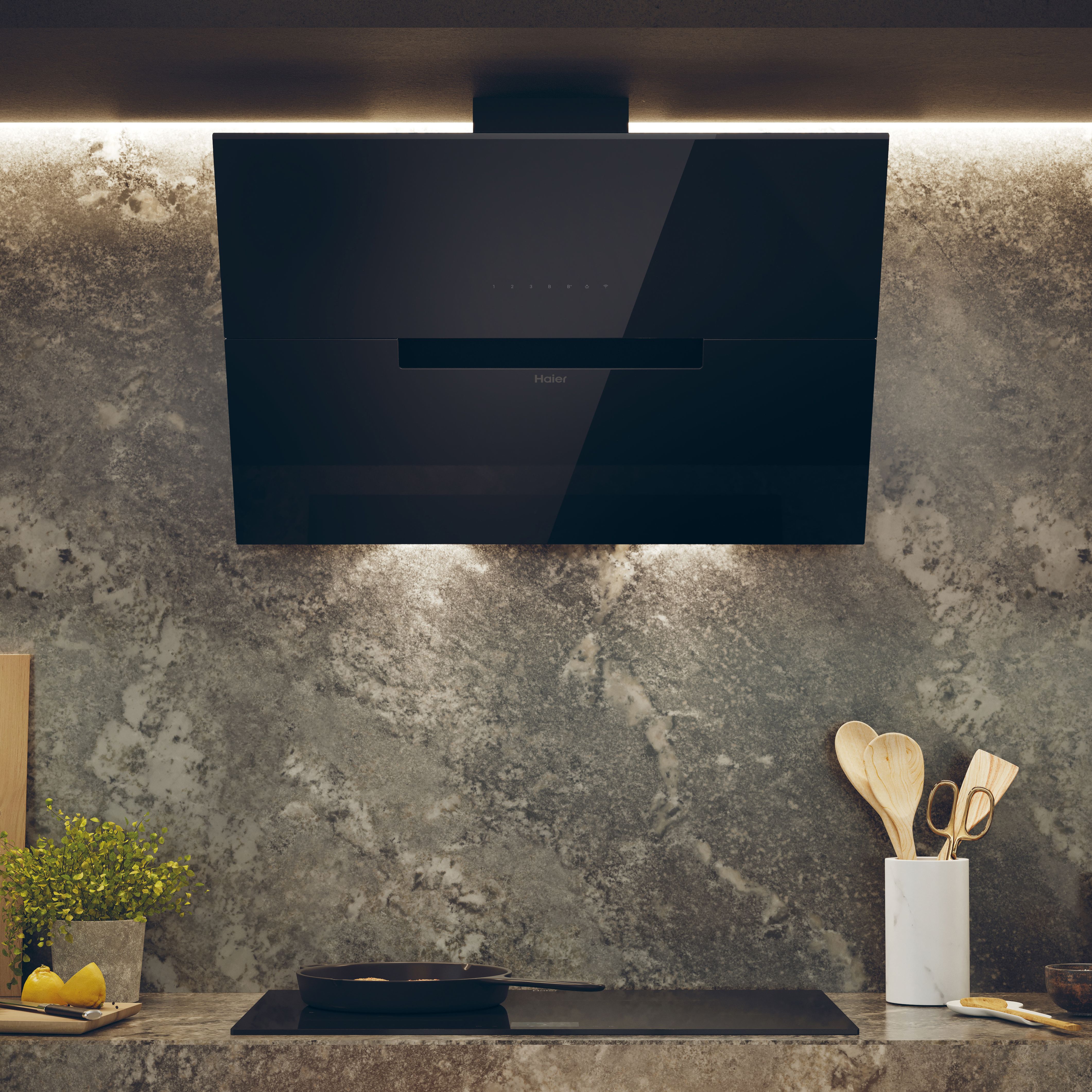 Haier HADG9CBS4BWIFI Glass Wifi Connected Angled Cooker hood (W)90cm - Black