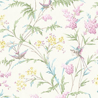 Hailey Cream & pink Floral birds Glitter effect Wallpaper