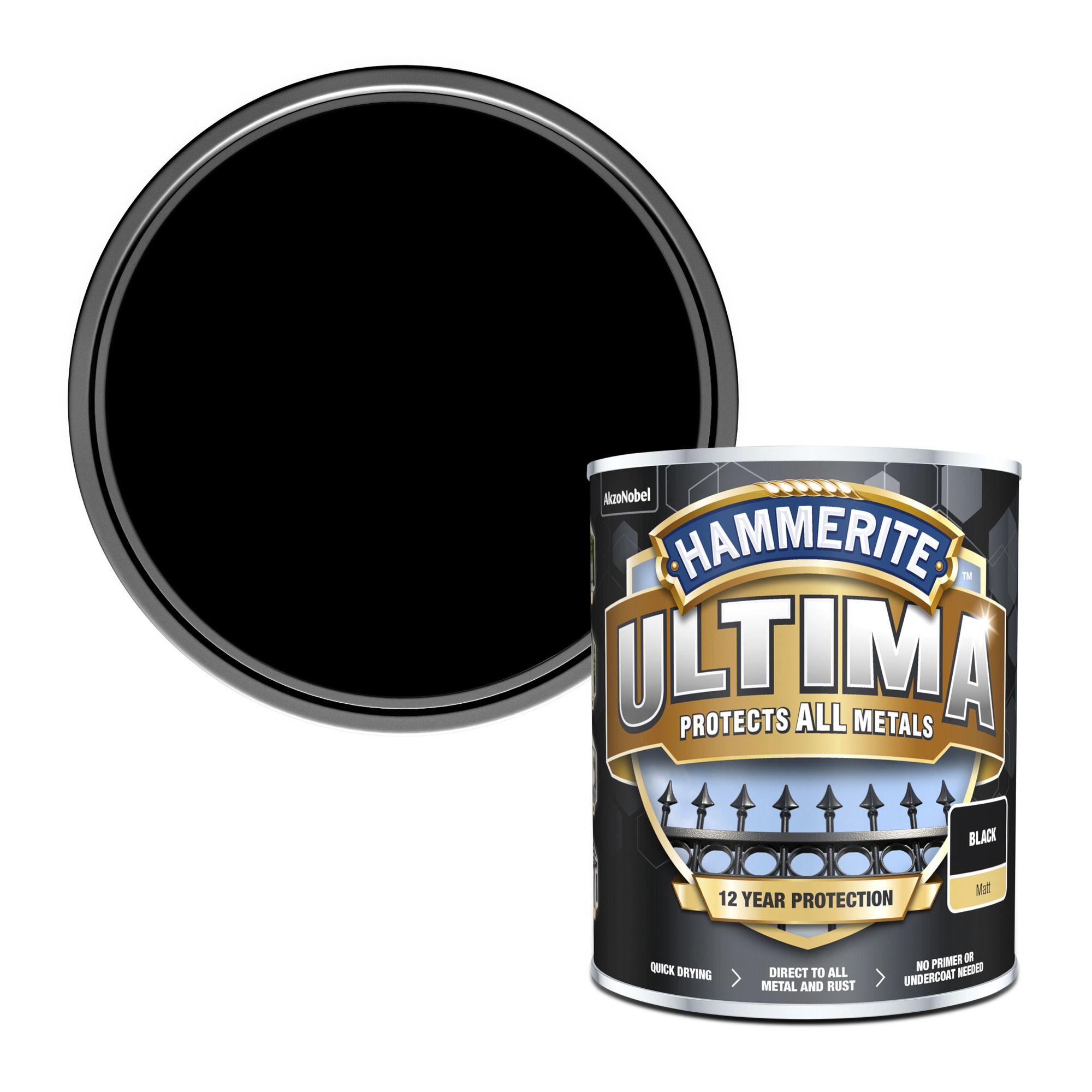 Hammerite Ultima Black Matt Multi-surface Exterior Topcoat Metal paint, 750ml