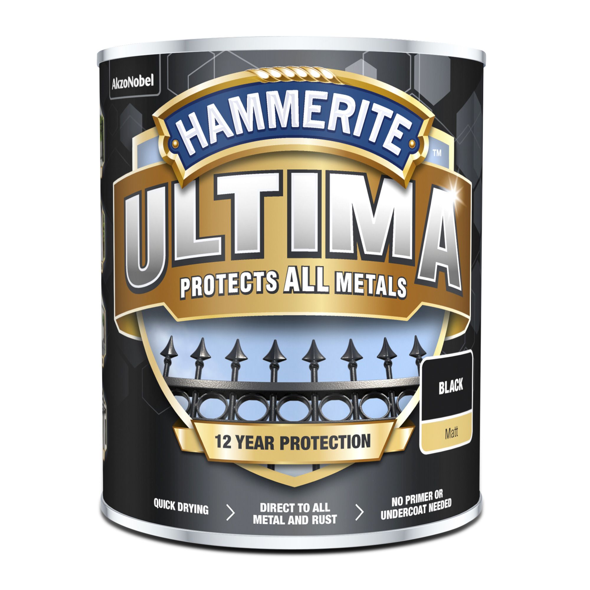 Hammerite Ultima Black Matt Multi-surface Exterior Topcoat Metal paint, 750ml