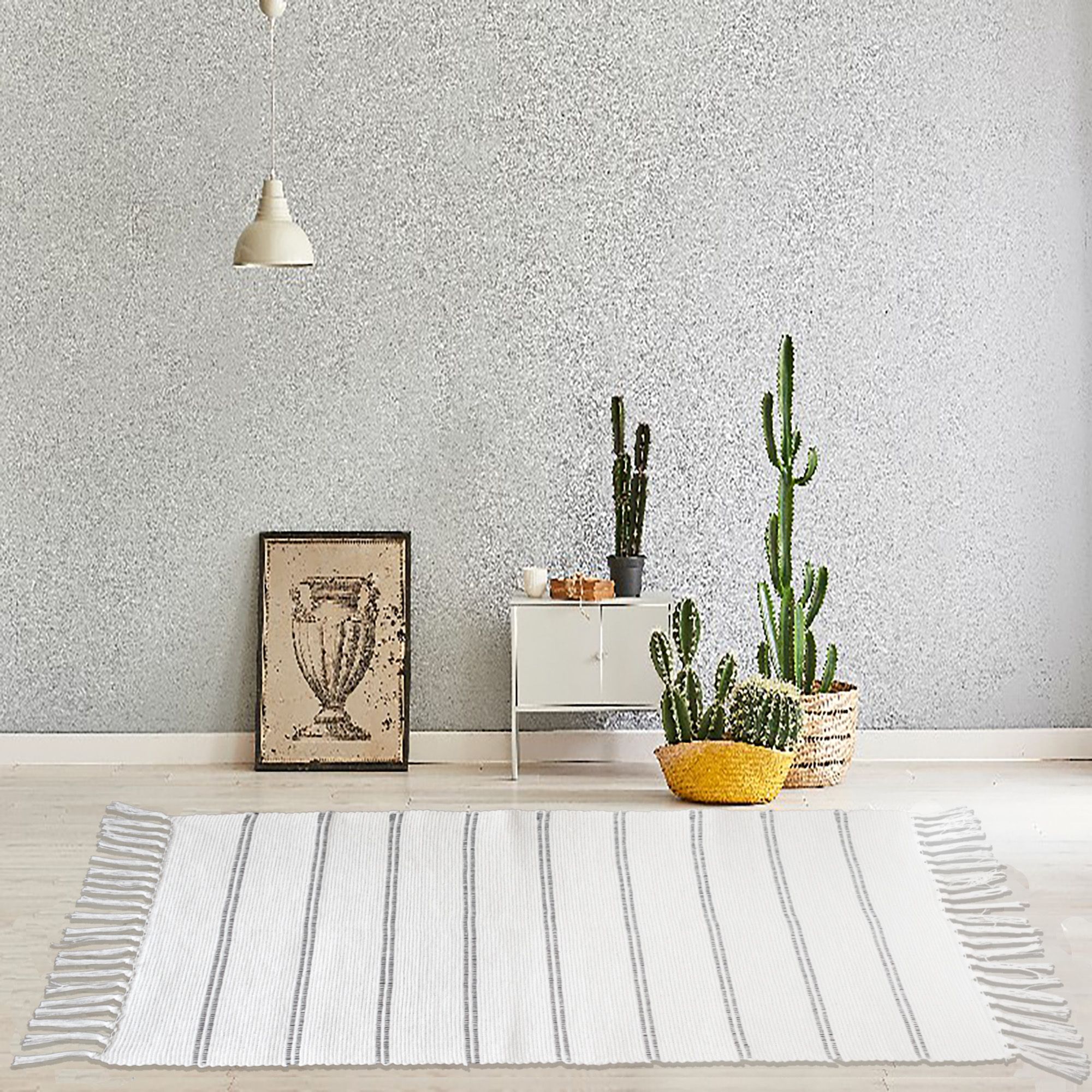 Hand Woven White Stripes Rug, (L)80cm x (W)50cm