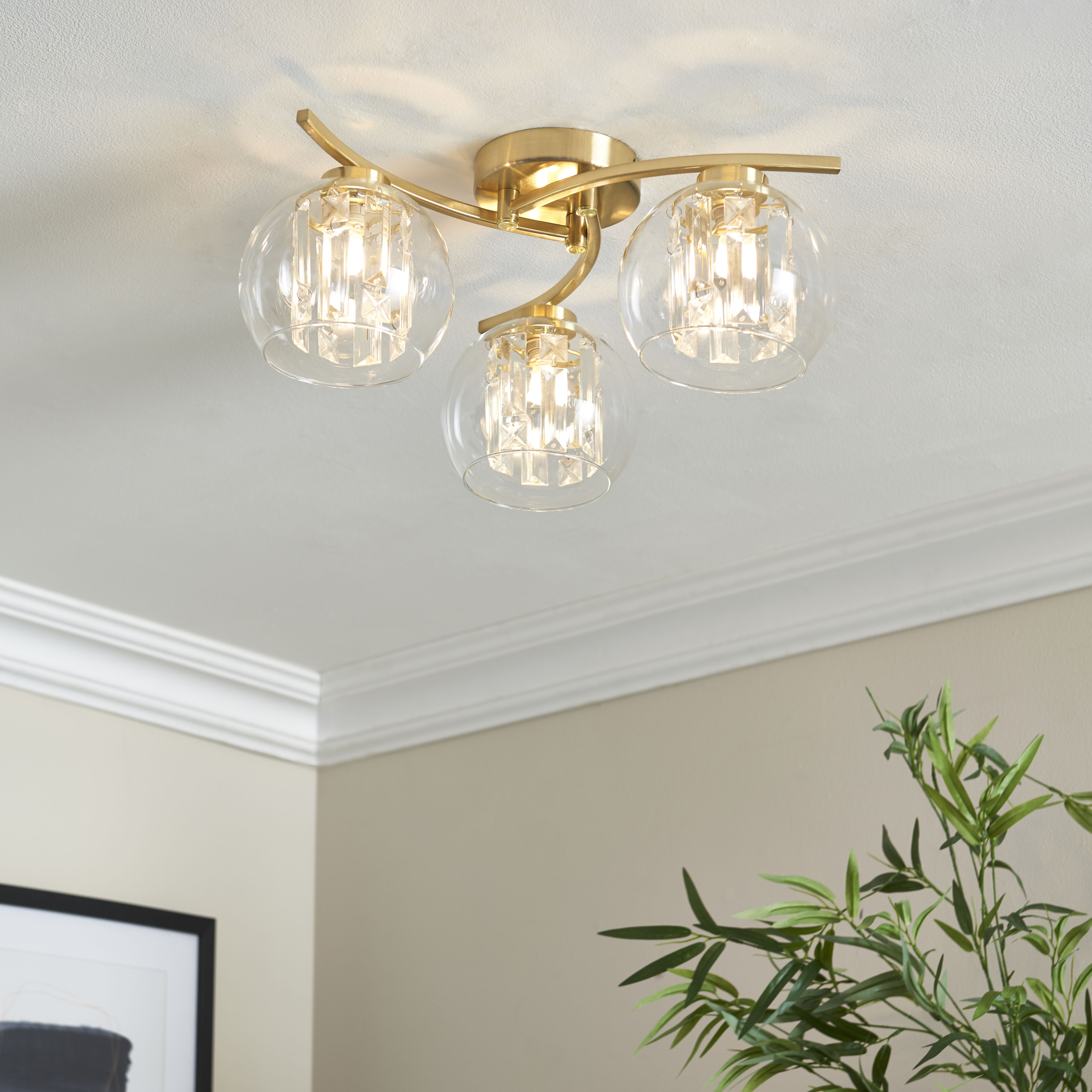 Harbour Studio Mallorie Satin Glass & metal Gold Brushed gold effect 3 Lamp LED Ceiling light