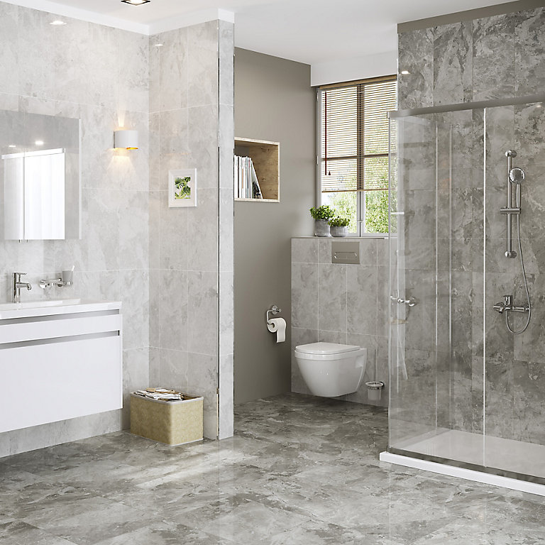 Harmony Grey Gloss Marble Effect, Real Marble Tiles Bathroom