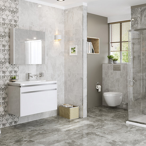 Harmony White Gloss Marble Effect, White Tiles With Grey Marble Effect