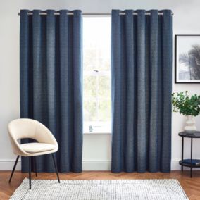Harris Blue Herringbone Chenille Lined Eyelet Curtains (W)117cm (L)137cm, Pair