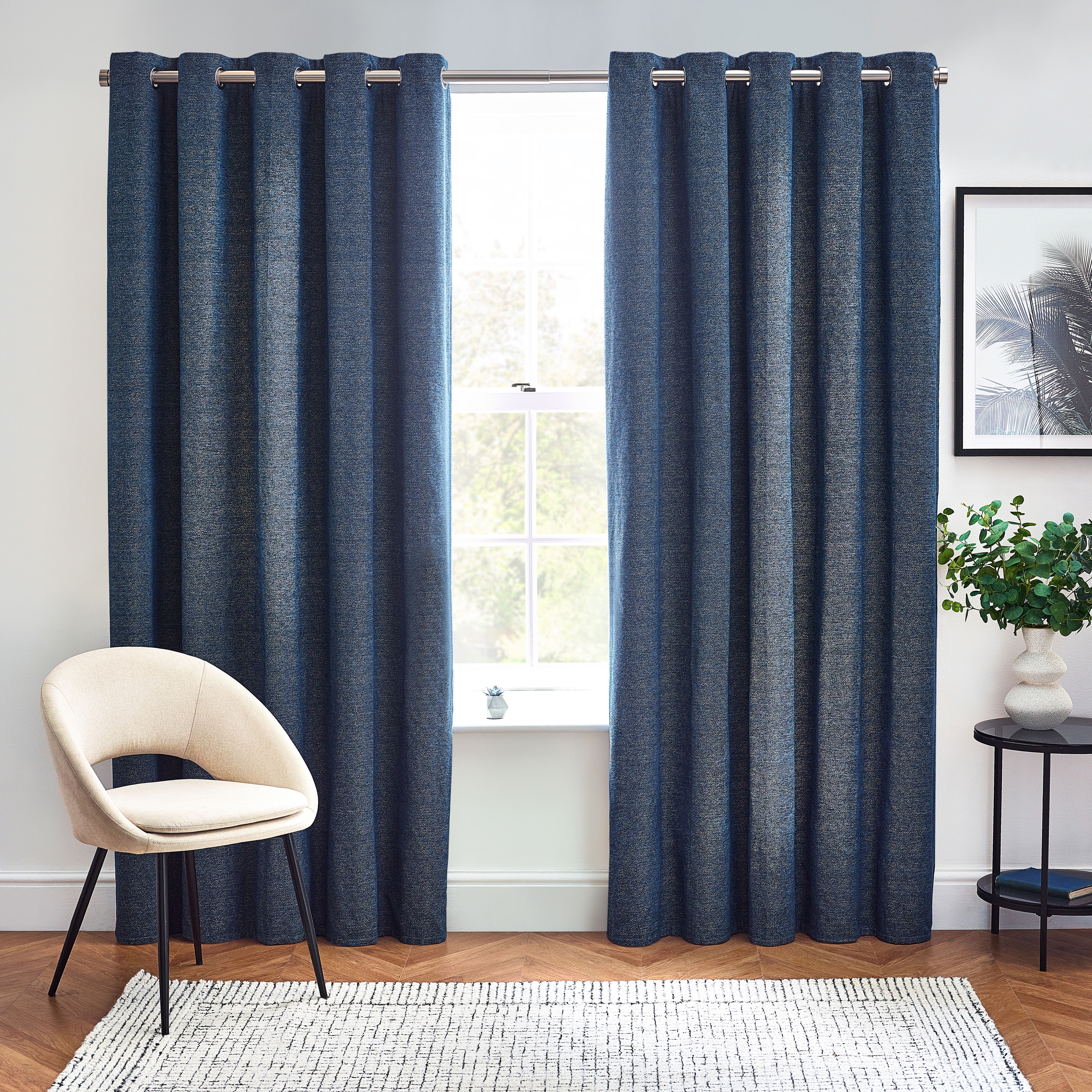 Harris Blue Herringbone Chenille Lined Eyelet Curtains (W)167cm (L ...