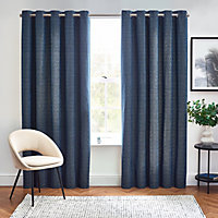 Harris Blue Herringbone Chenille Lined Eyelet Curtains (W)167cm (L)183cm, Pair