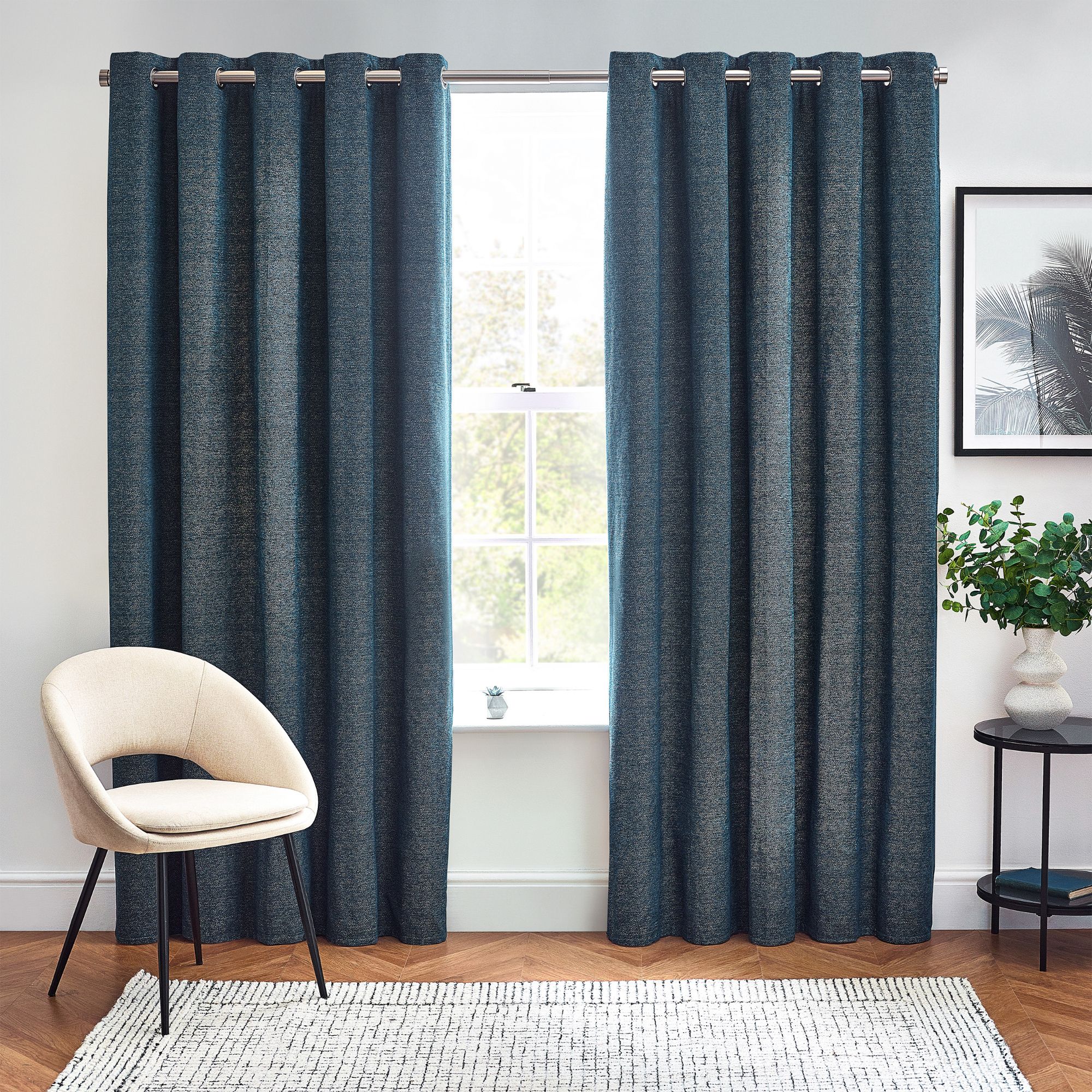 Harris Blue Herringbone Chenille Lined Eyelet Curtains (W)228cm (L)228cm, Pair