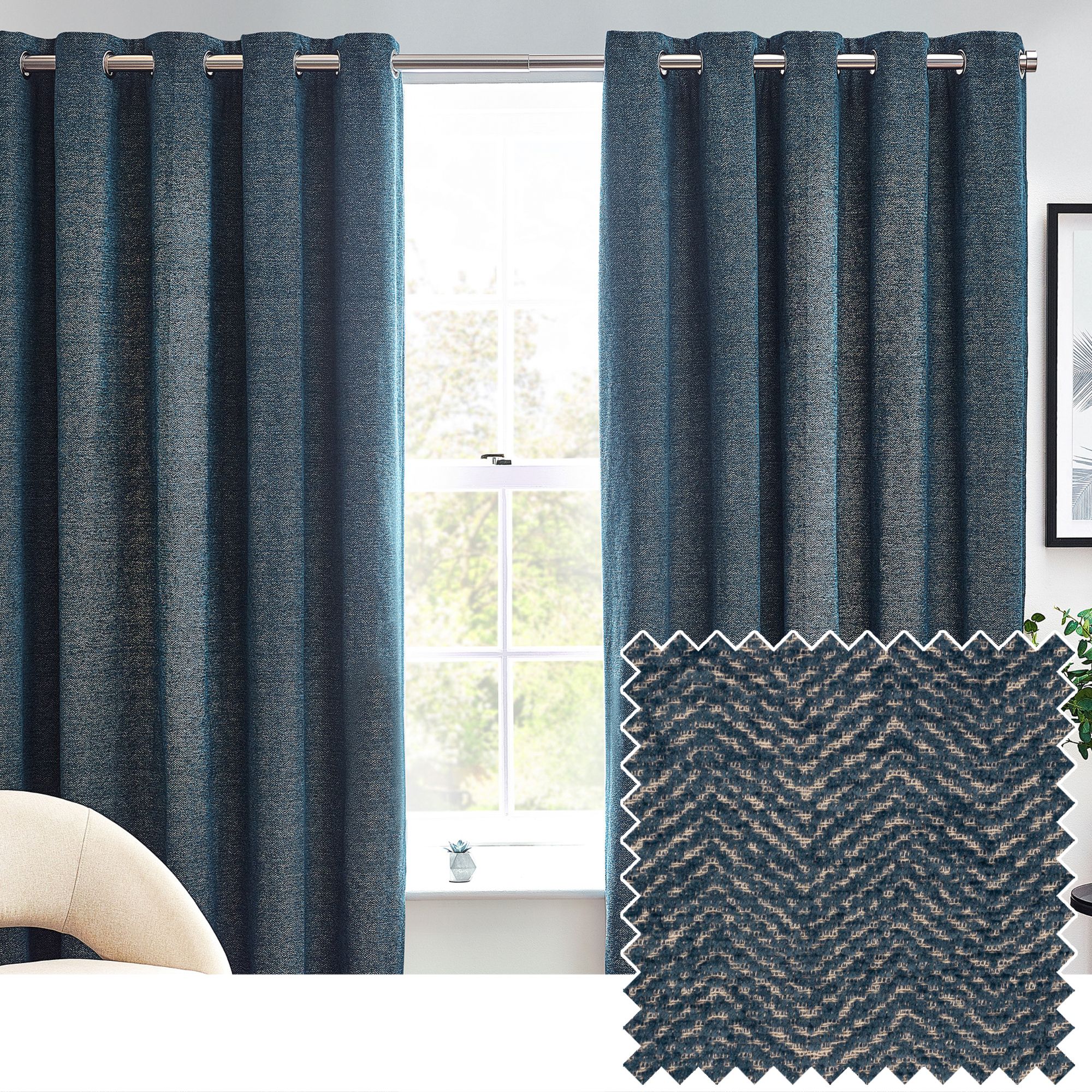 Harris Blue Herringbone Chenille Lined Eyelet Curtains (W)228cm (L)228cm, Pair