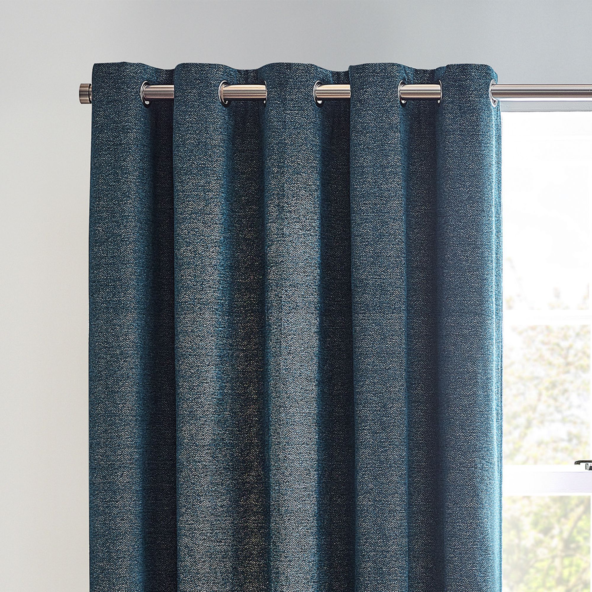 Harris Blue Herringbone Chenille Lined Eyelet Curtains (W)228cm (L)228cm, Pair