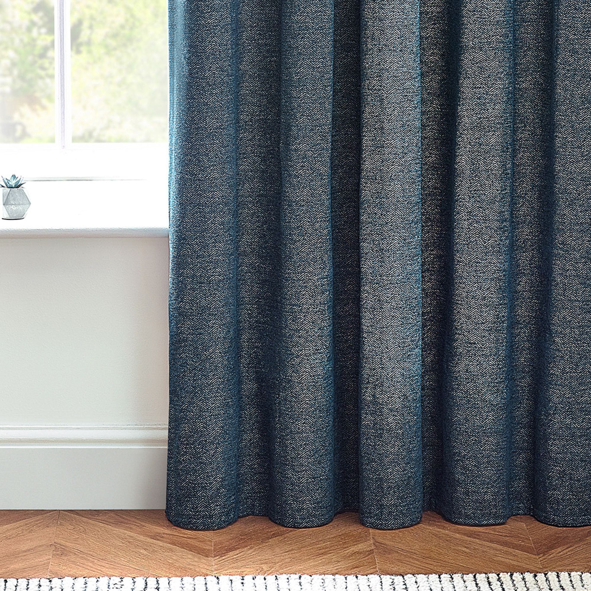 Harris Blue Herringbone Chenille Lined Eyelet Curtains (W)228cm (L)228cm, Pair