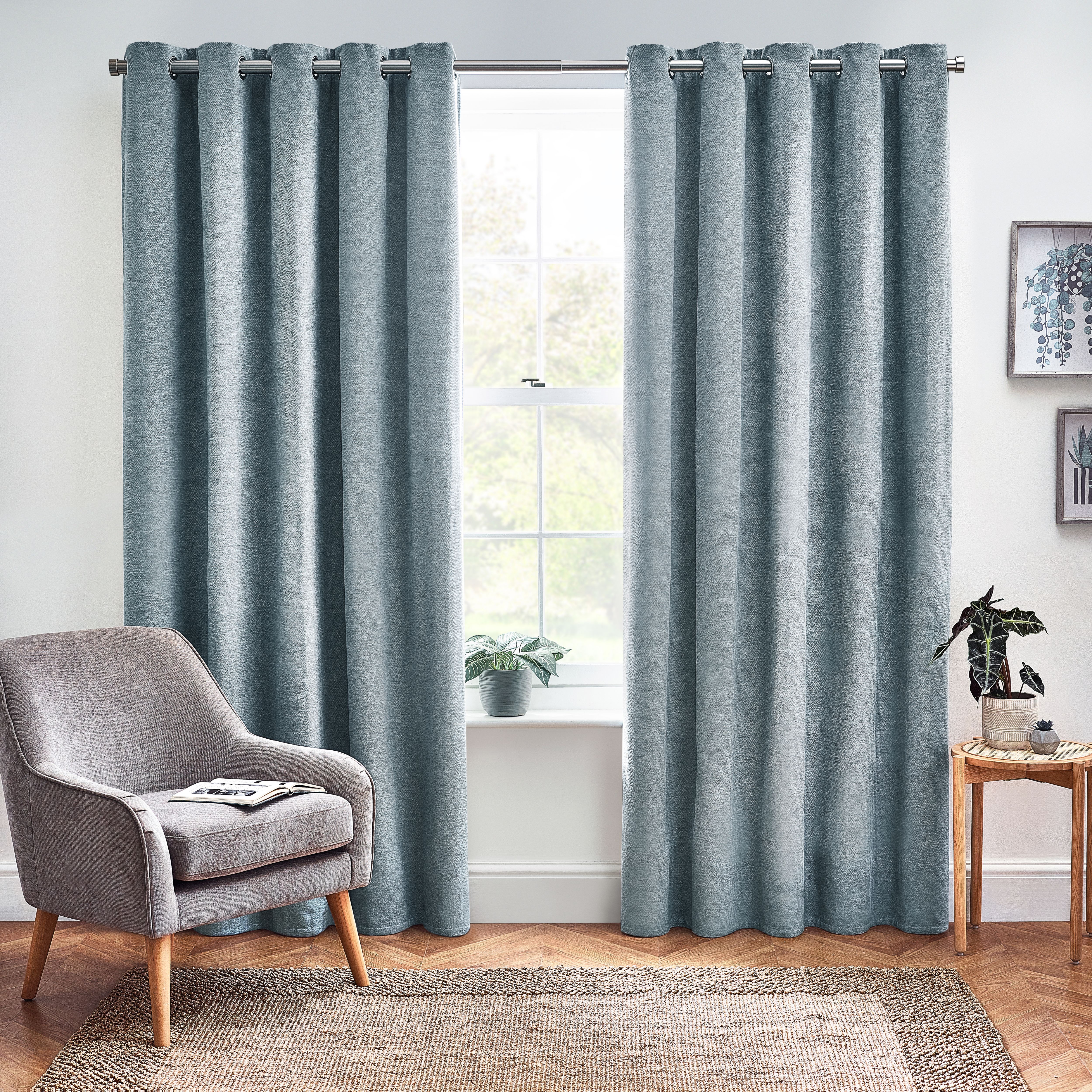 Harris Duck Egg Herringbone Chenille Lined Eyelet Curtains (W)117cm (L)137cm, Pair