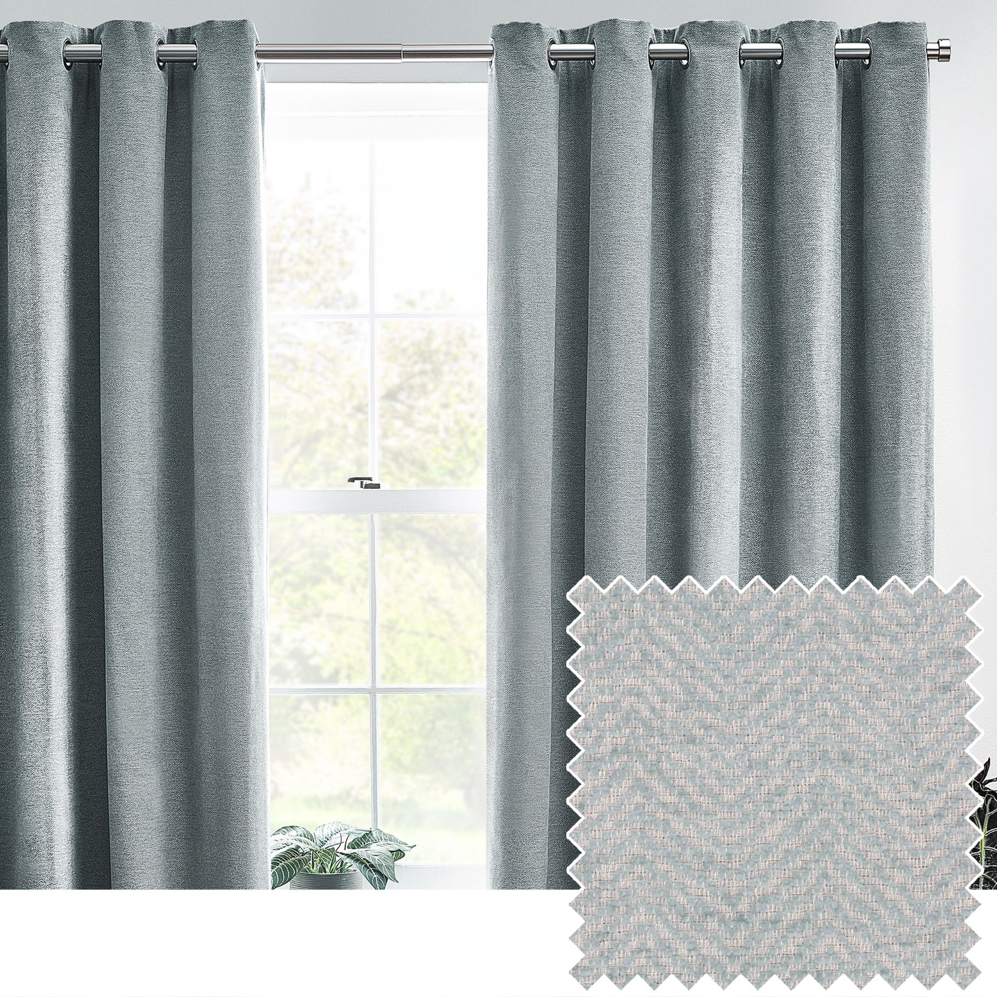 Harris Duck Egg Herringbone Chenille Lined Eyelet Curtains (W)167cm (L)228cm, Pair