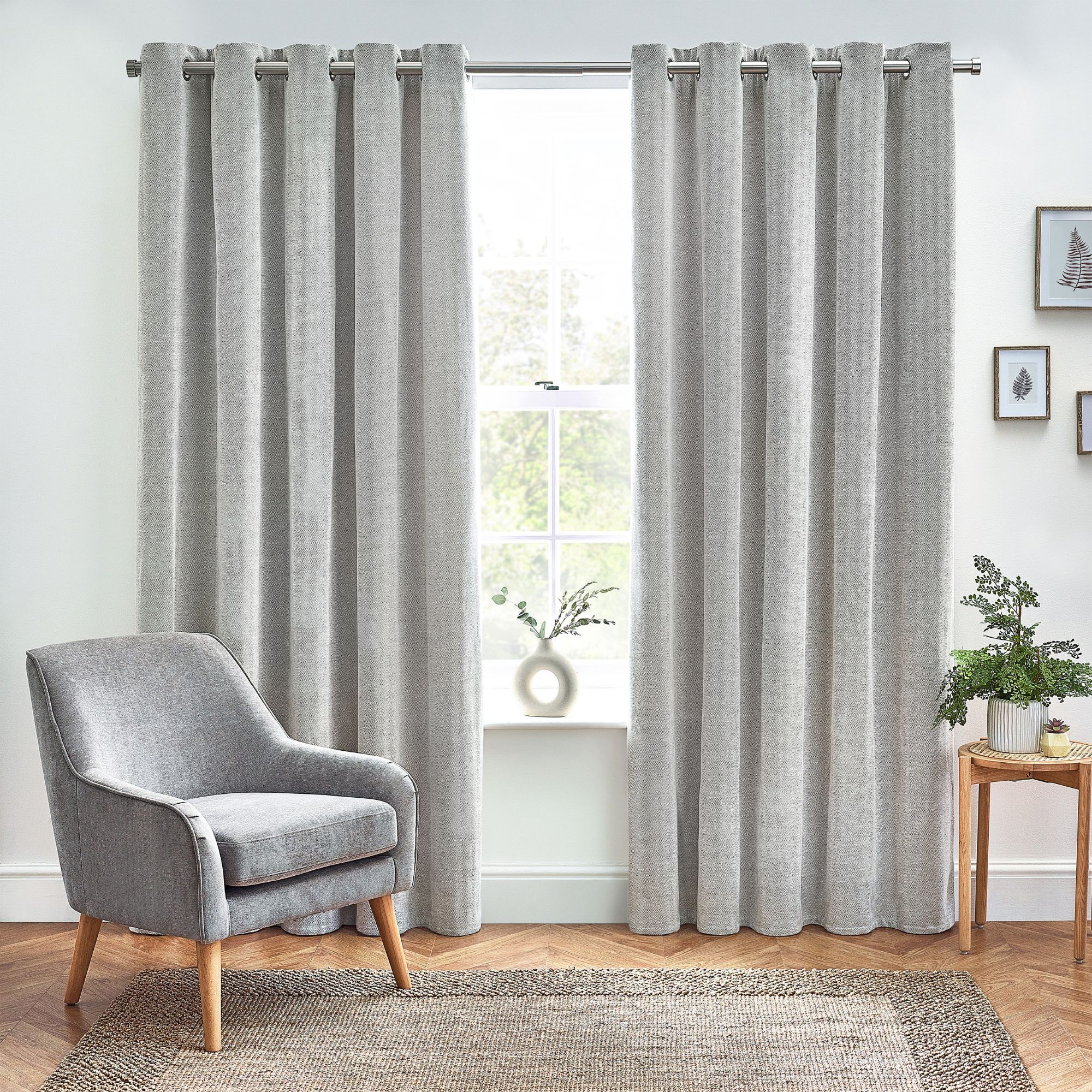 Harris Grey Herringbone Chenille Lined Eyelet Curtains (W)117cm (L)137cm, Pair