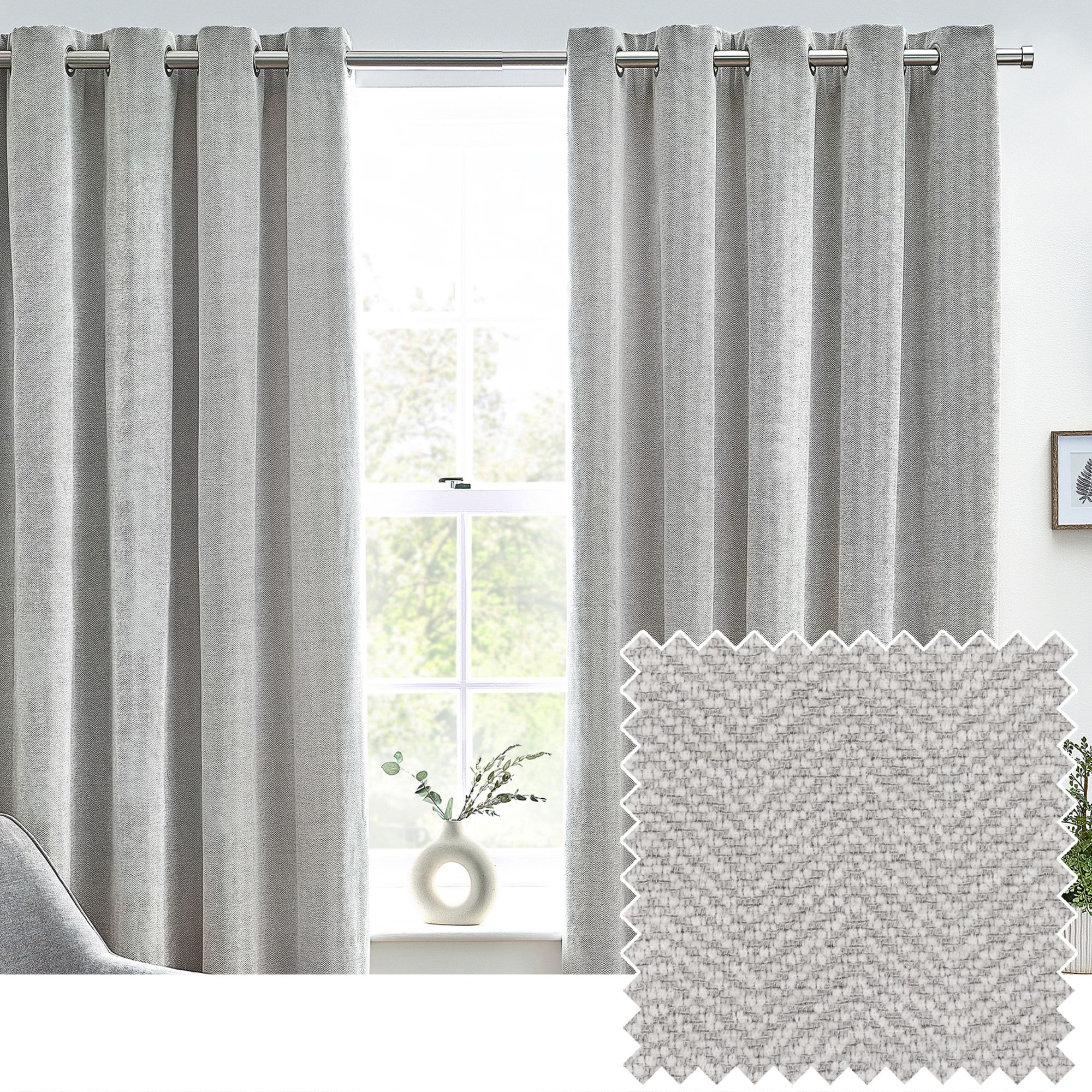 Harris Grey Herringbone Chenille Lined Eyelet Curtains (W)117cm (L)137cm, Pair