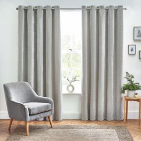 Harris Grey Herringbone Chenille Lined Eyelet Curtains (W)117cm (L)137cm, Pair