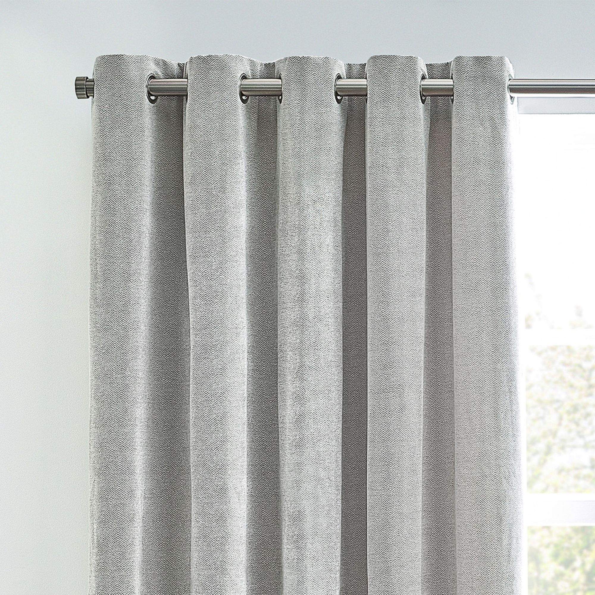 Harris Grey Herringbone Chenille Lined Eyelet Curtains (W)117cm (L)137cm, Pair