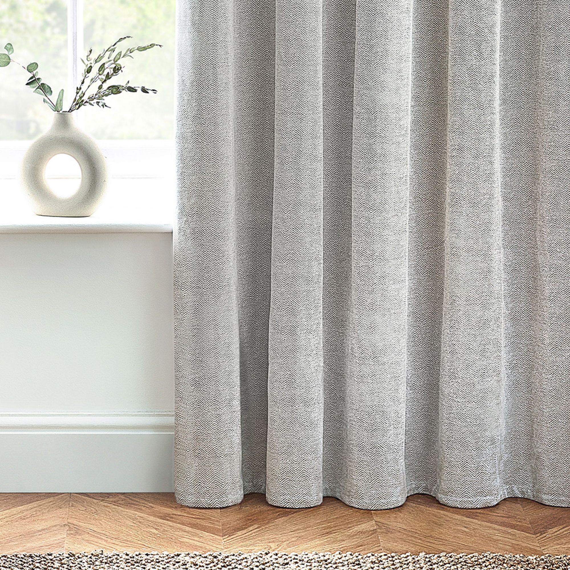 Harris Grey Herringbone Chenille Lined Eyelet Curtains (W)117cm (L)137cm, Pair
