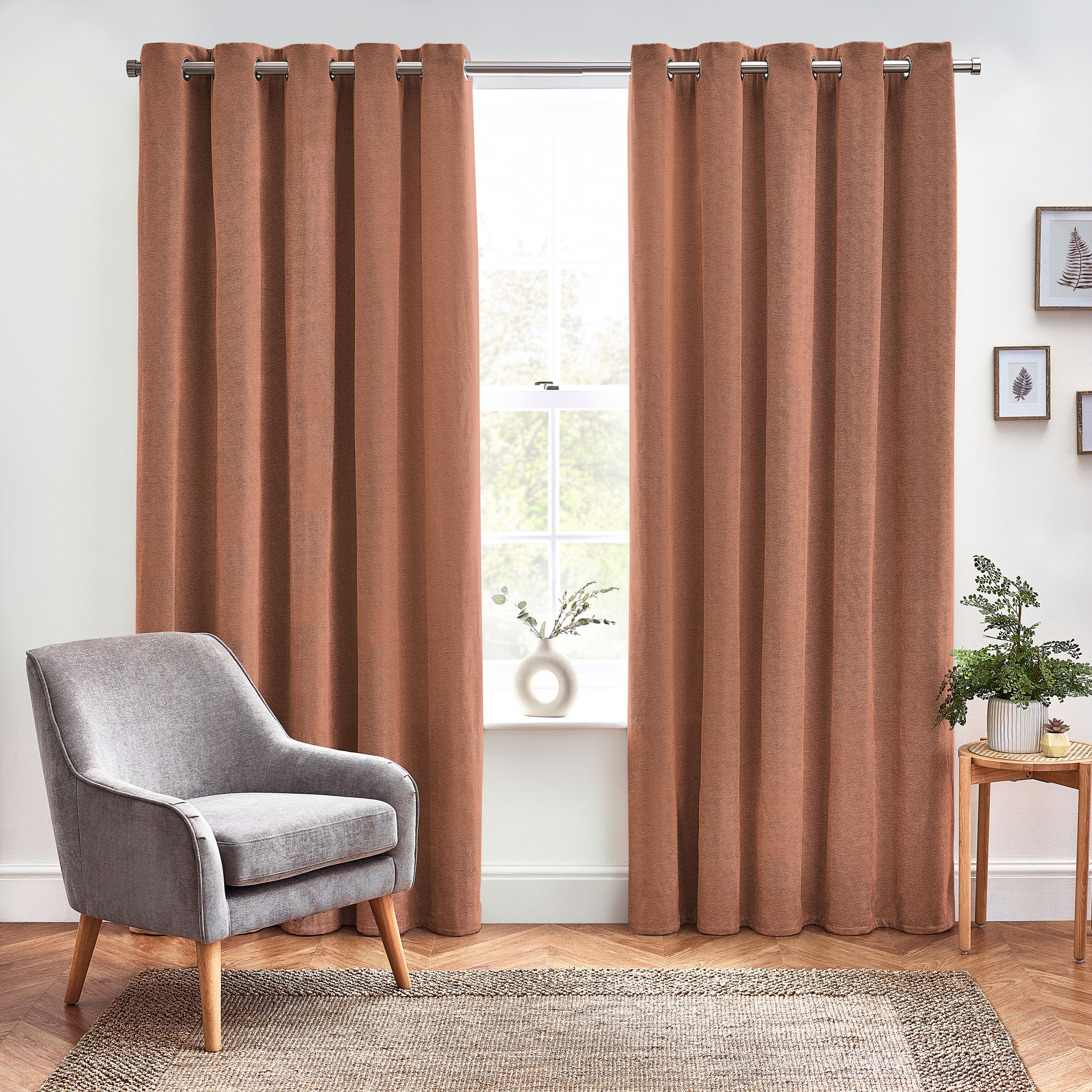 Harris Terracotta Herringbone Chenille Lined Eyelet Curtains (W)117cm (L)137cm, Pair