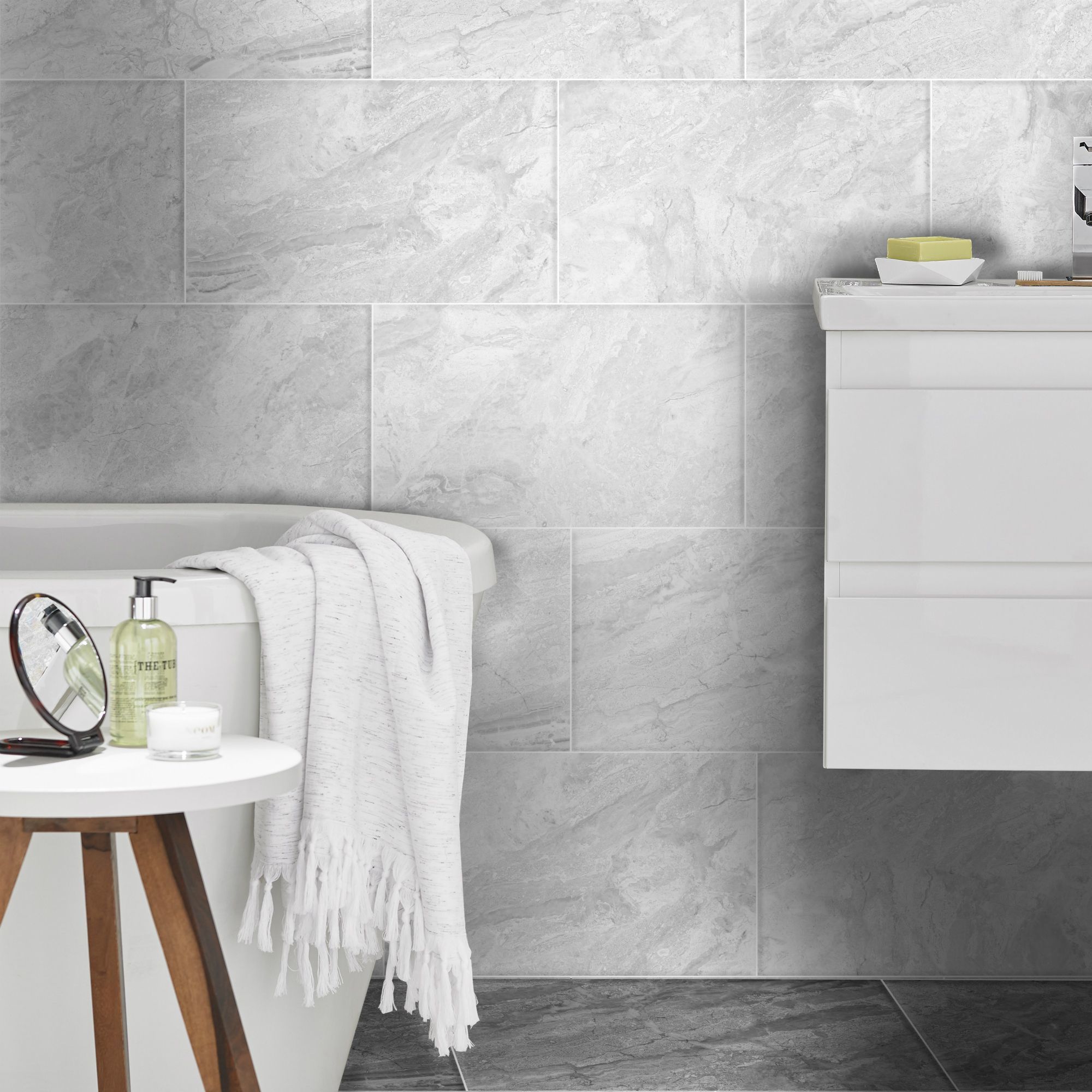 Haver Light grey Matt Travertine effect Ceramic Indoor Wall & floor Tile Sample