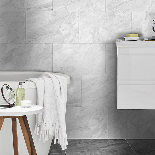 Haver Light Grey Matt Travertine Effect, Grey Bathroom Tiles B Q