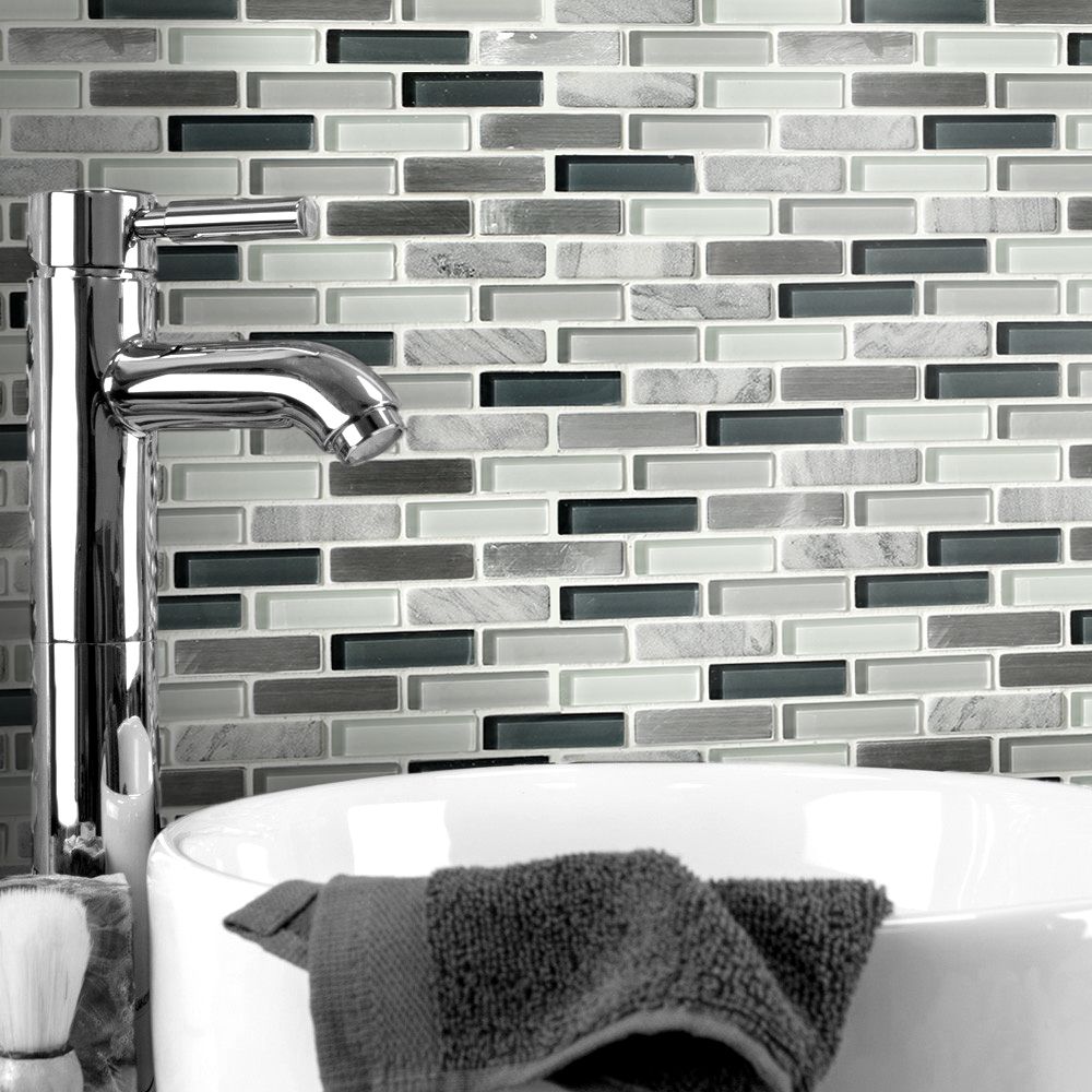 Helsinki Blue & grey Matt Gloss & matt Linear brick Glass & stone Mosaic tile, (L)306mm (W)324mm